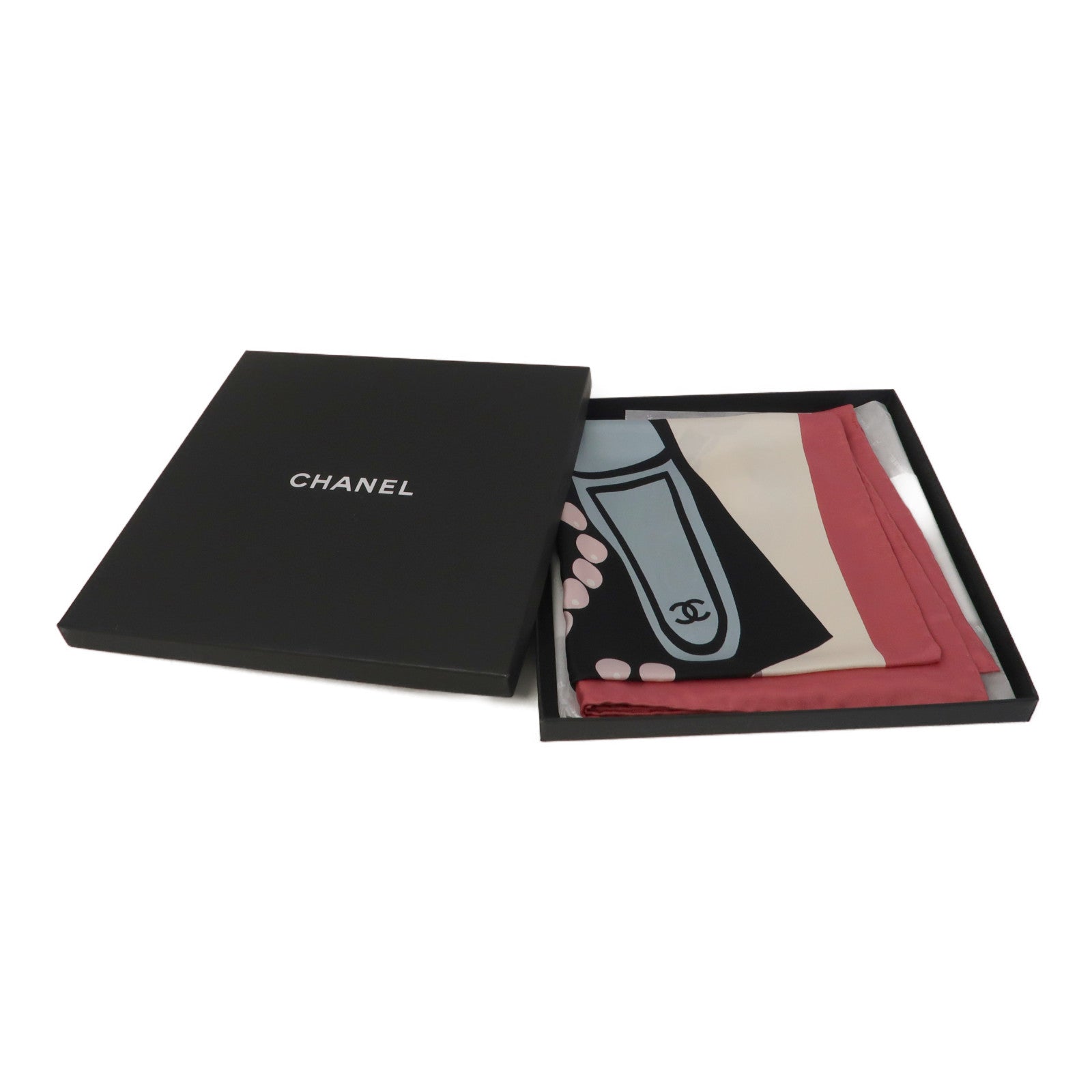 CHANEL 絲質Scarf 90x90cm絲巾粉紅色/白色/黑色