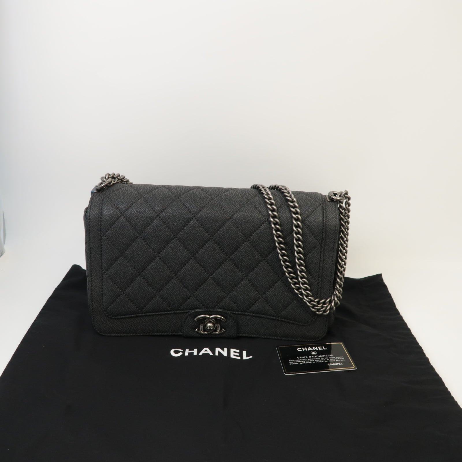 CHANEL 菱格Caviar皮革Chain Shoulder銀扣鏈帶肩背袋灰色