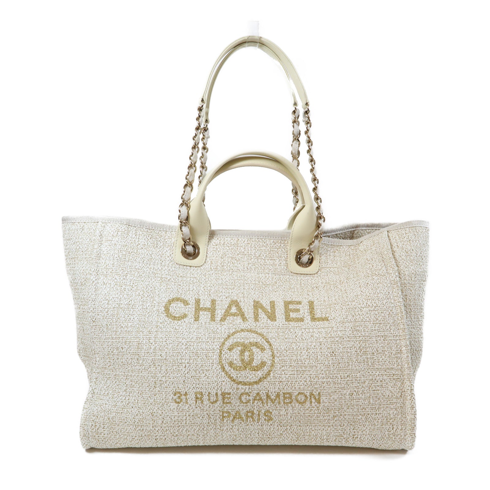 CHANEL 帆布Deauville金扣鏈帶肩背袋米色