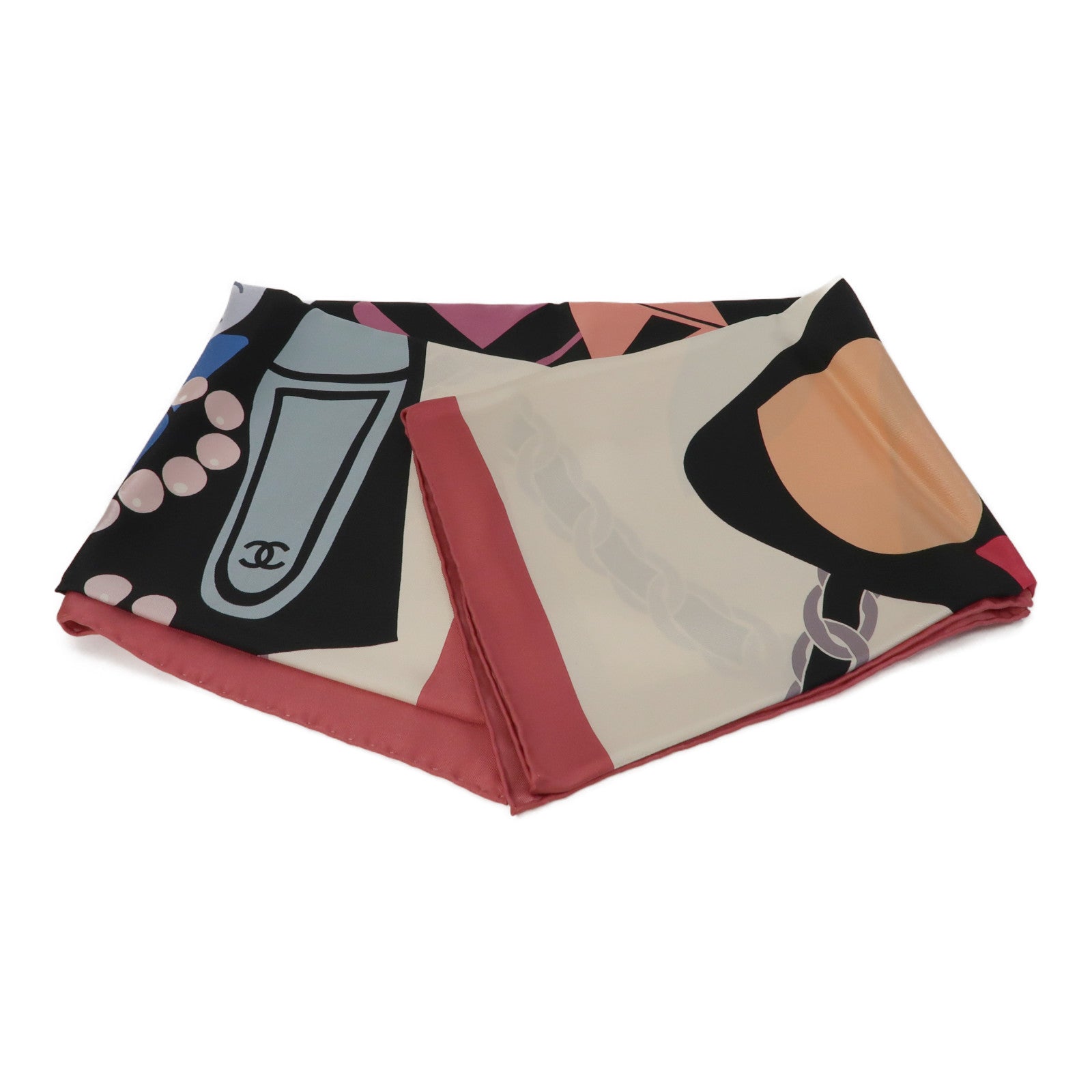 CHANEL 絲質Scarf 90x90cm絲巾粉紅色/白色/黑色