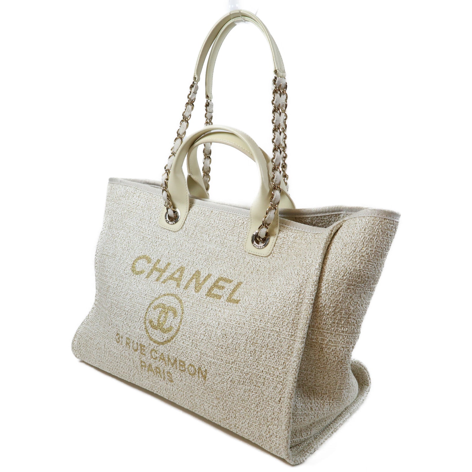 CHANEL 帆布Deauville金扣鏈帶肩背袋米色