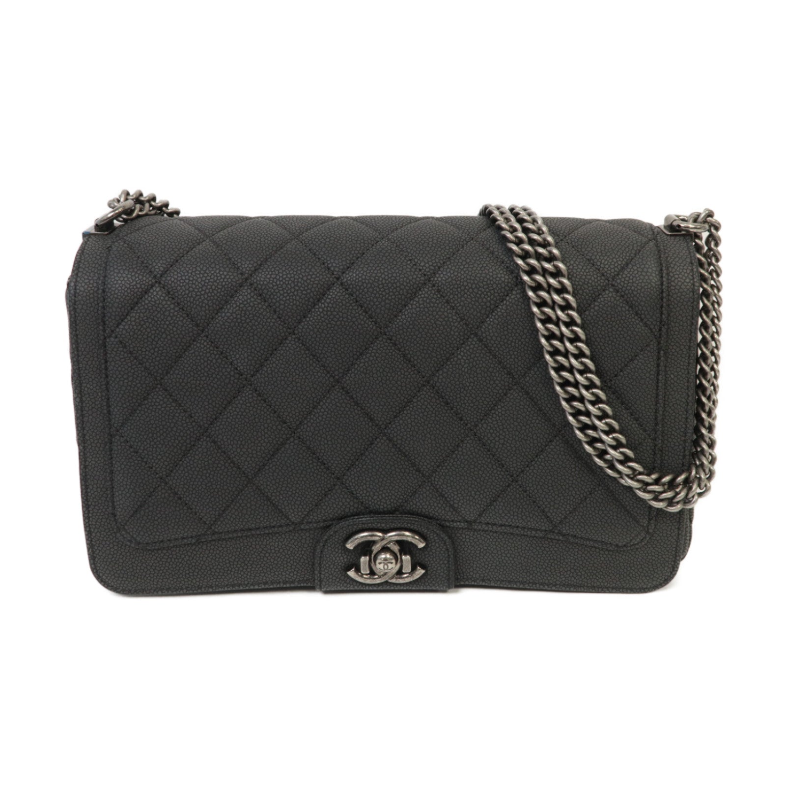 CHANEL 菱格Caviar皮革Chain Shoulder銀扣鏈帶肩背袋灰色