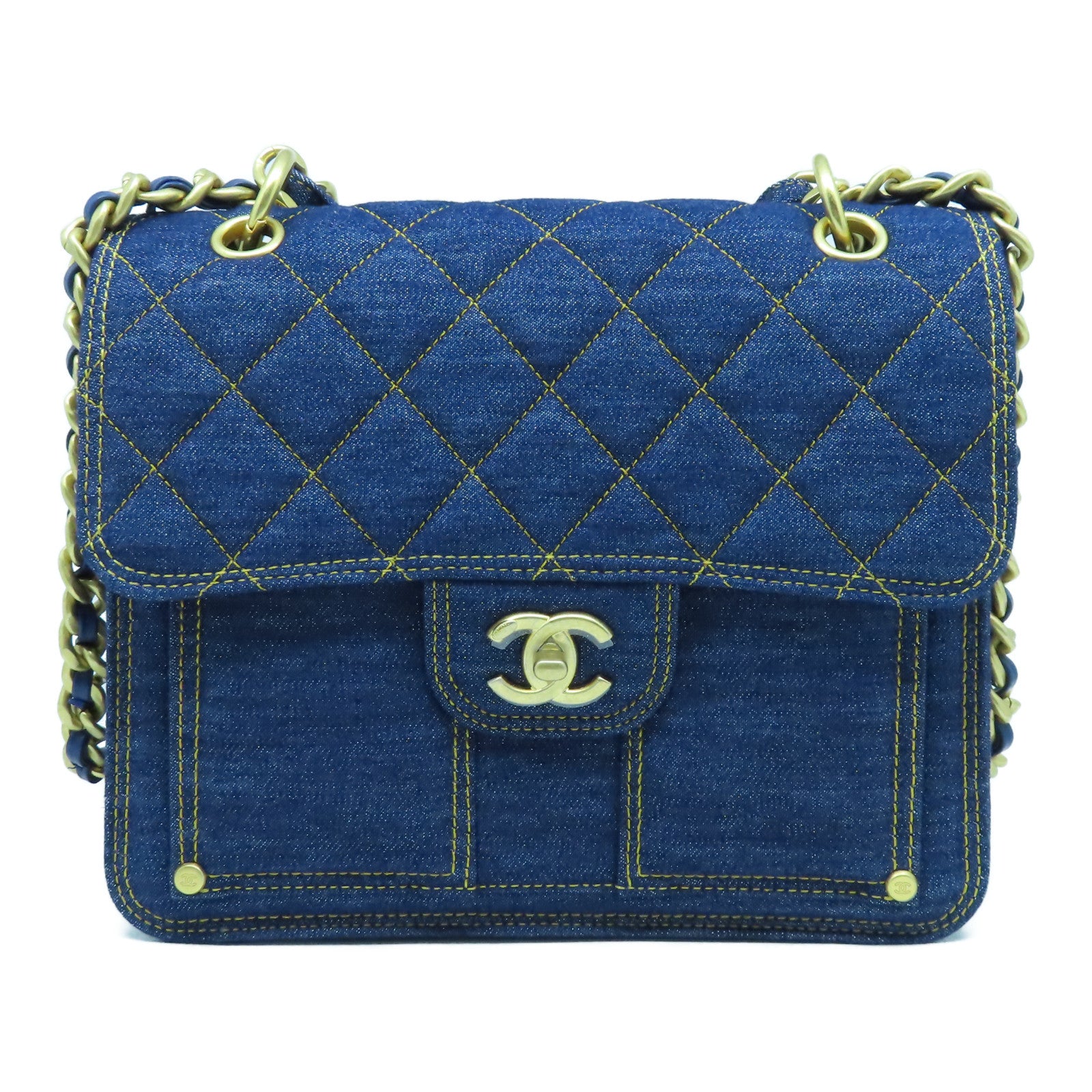 CHANEL 菱格牛仔布帆布Backpack金扣背包藍色
