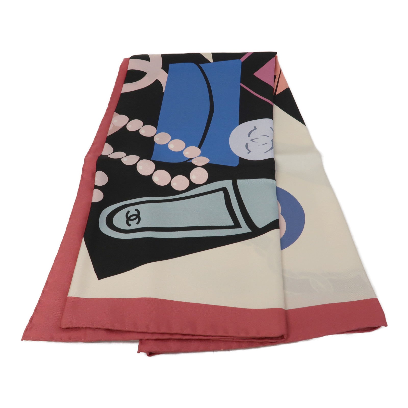 CHANEL 絲質Scarf 90x90cm絲巾粉紅色/白色/黑色