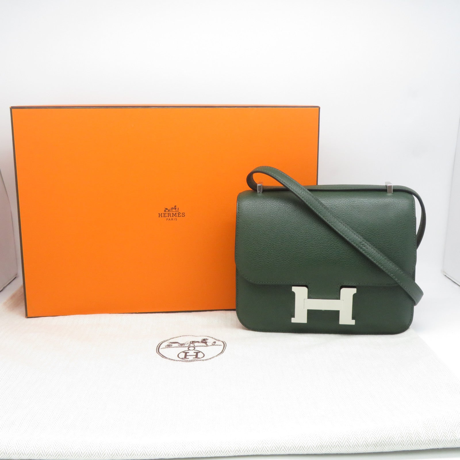 HERMES Evercolour皮革Constance Mini銀扣肩背袋英國綠色