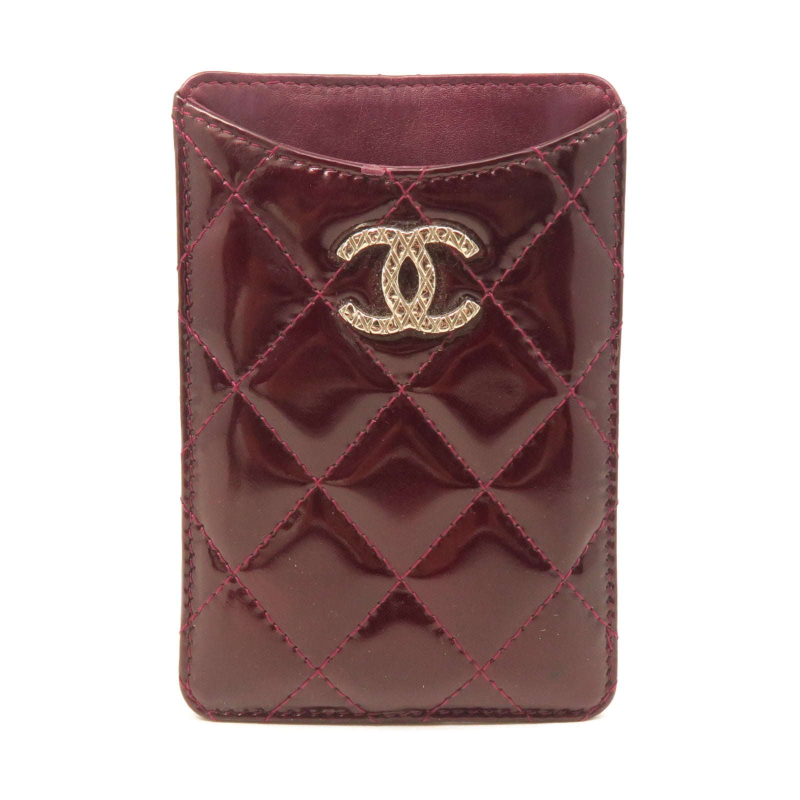 CHANEL rhombus patent leather Card Case card holder maroon