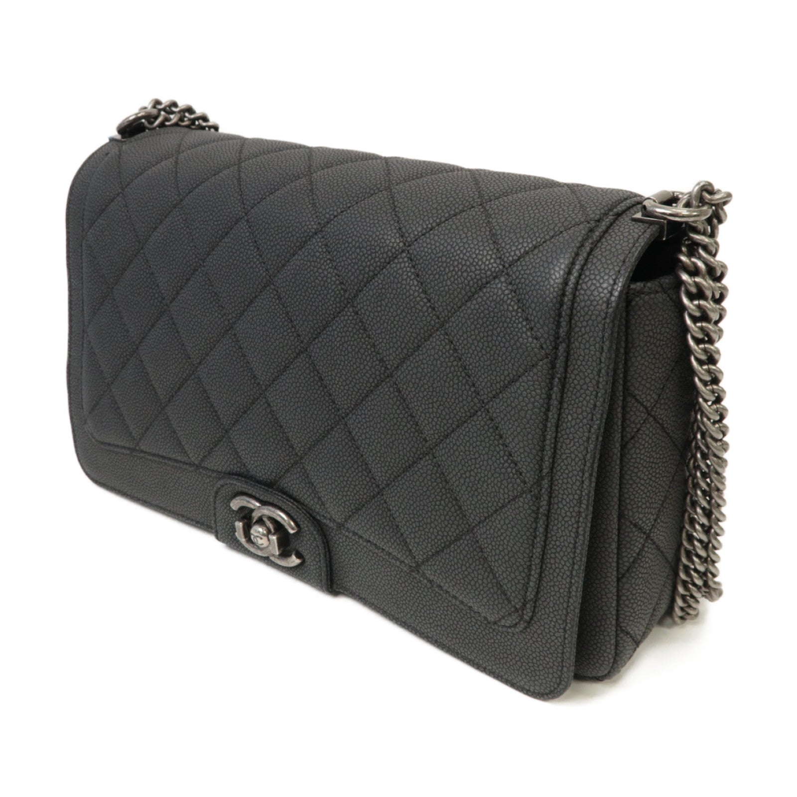 CHANEL 菱格Caviar皮革Chain Shoulder銀扣鏈帶肩背袋灰色