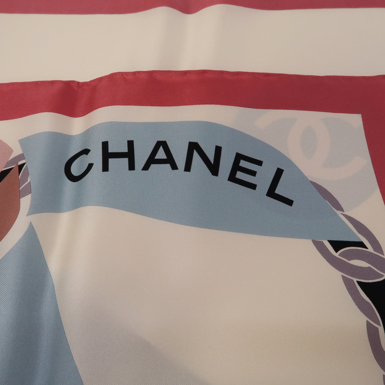 CHANEL 絲質Scarf 90x90cm絲巾粉紅色/白色/黑色