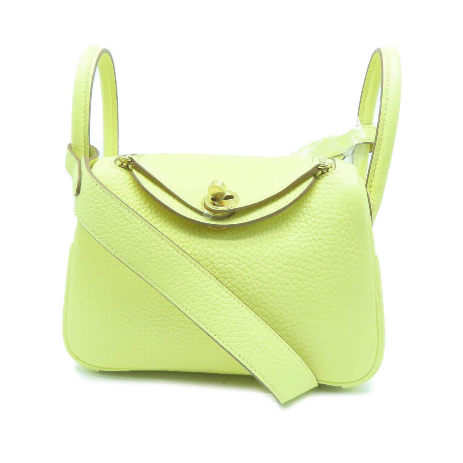HERMES Clemence皮革Mini Lindy GHW金扣肩背袋小鸡黄嫩黄