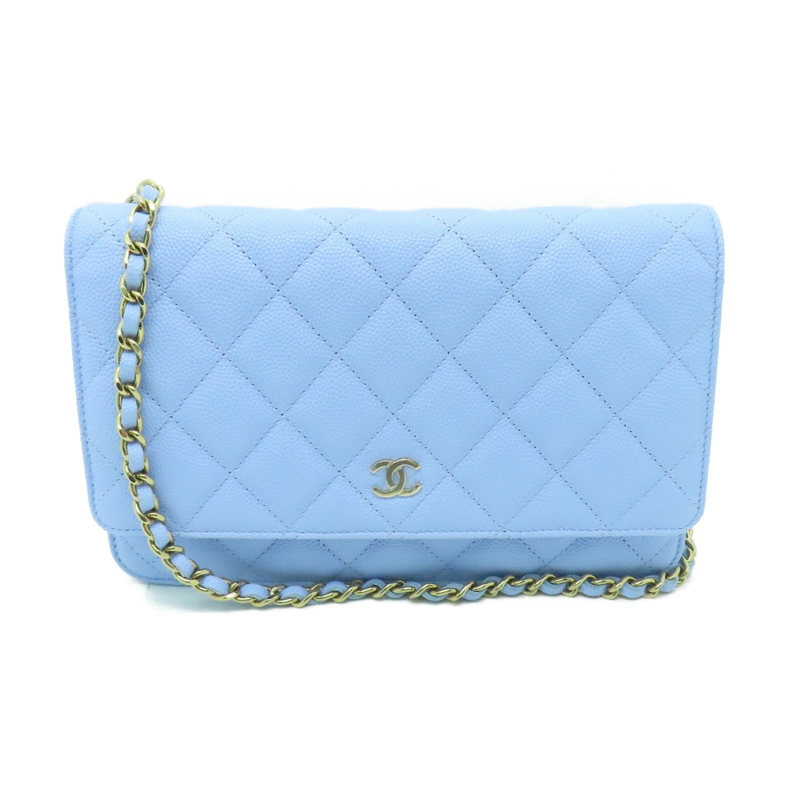 CHANEL 菱格Caviar皮革Wallet On Chain金扣鏈帶肩背袋淺藍色