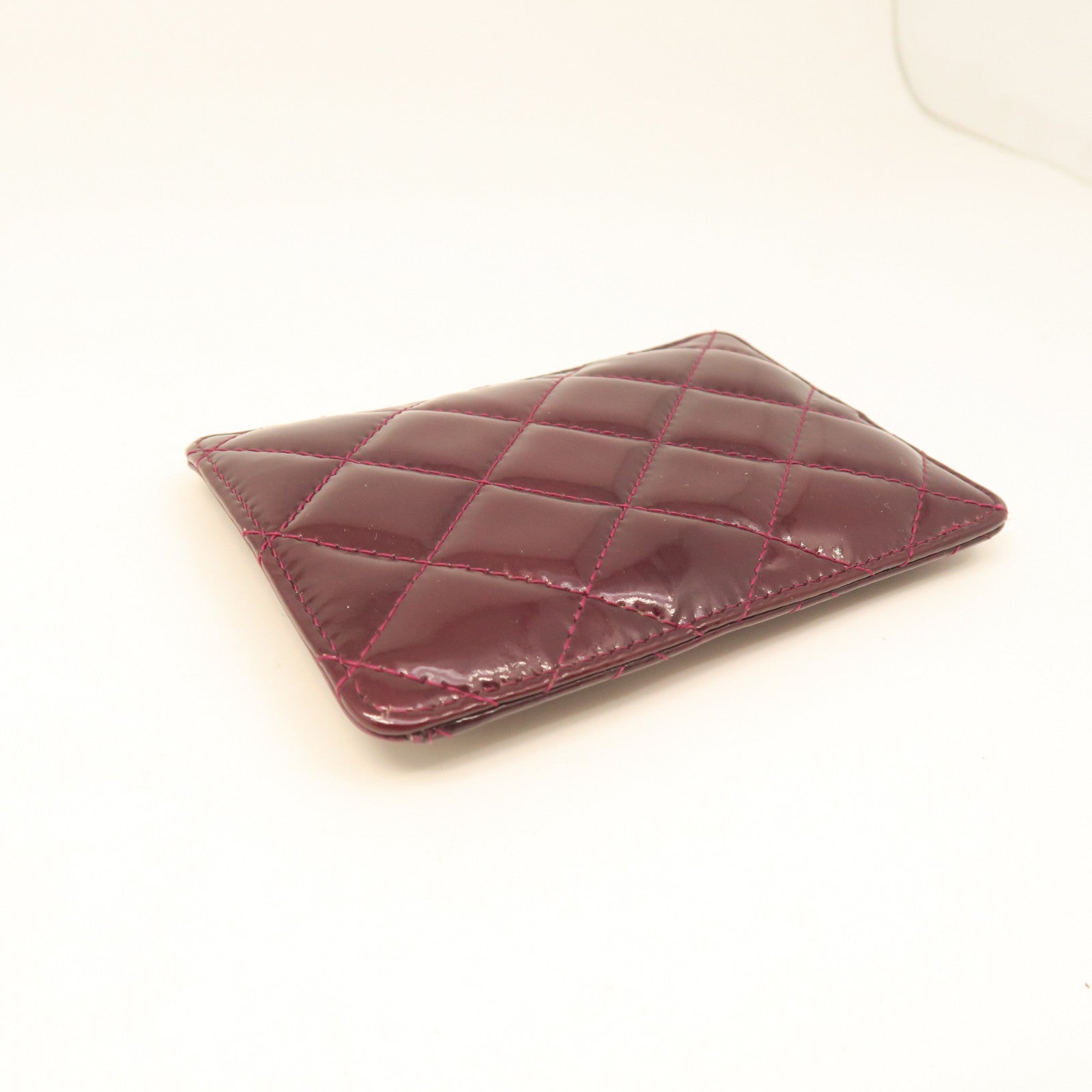 CHANEL rhombus patent leather Card Case card holder maroon