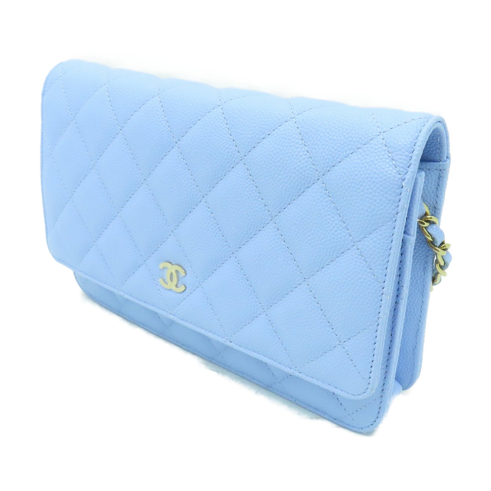 CHANEL 菱格Caviar皮革Wallet On Chain金扣鏈帶肩背袋淺藍色