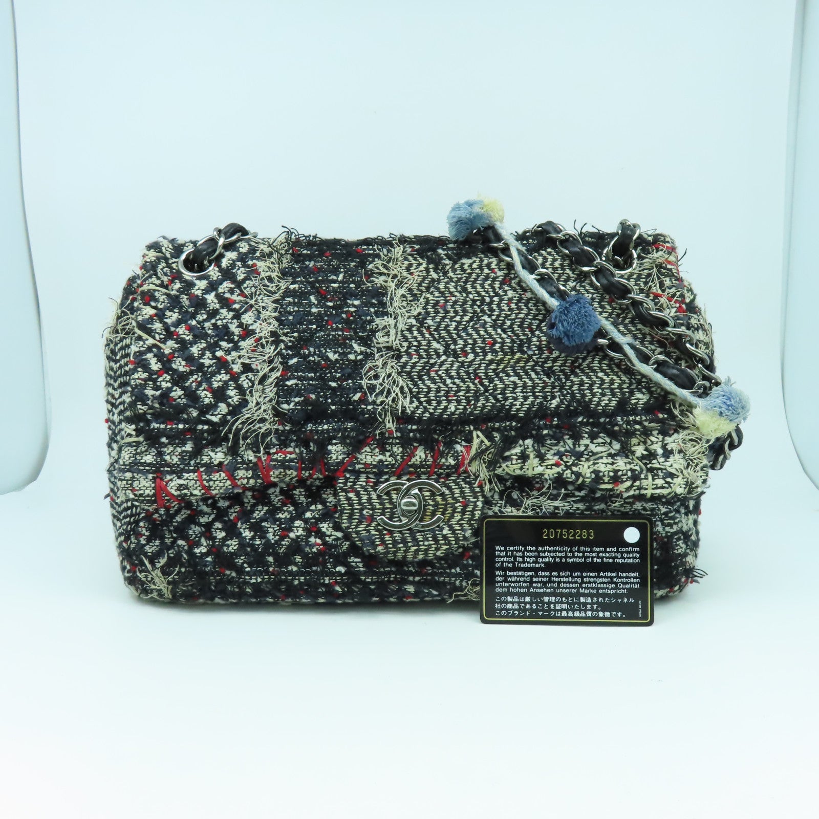 CHANEL Tweed斜紋軟呢Chain Shoulder Bag銀扣鏈帶肩背袋黑色/白色