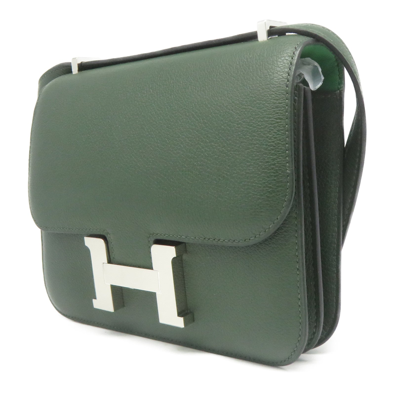 HERMES Evercolour皮革Constance Mini銀扣肩背袋英國綠色