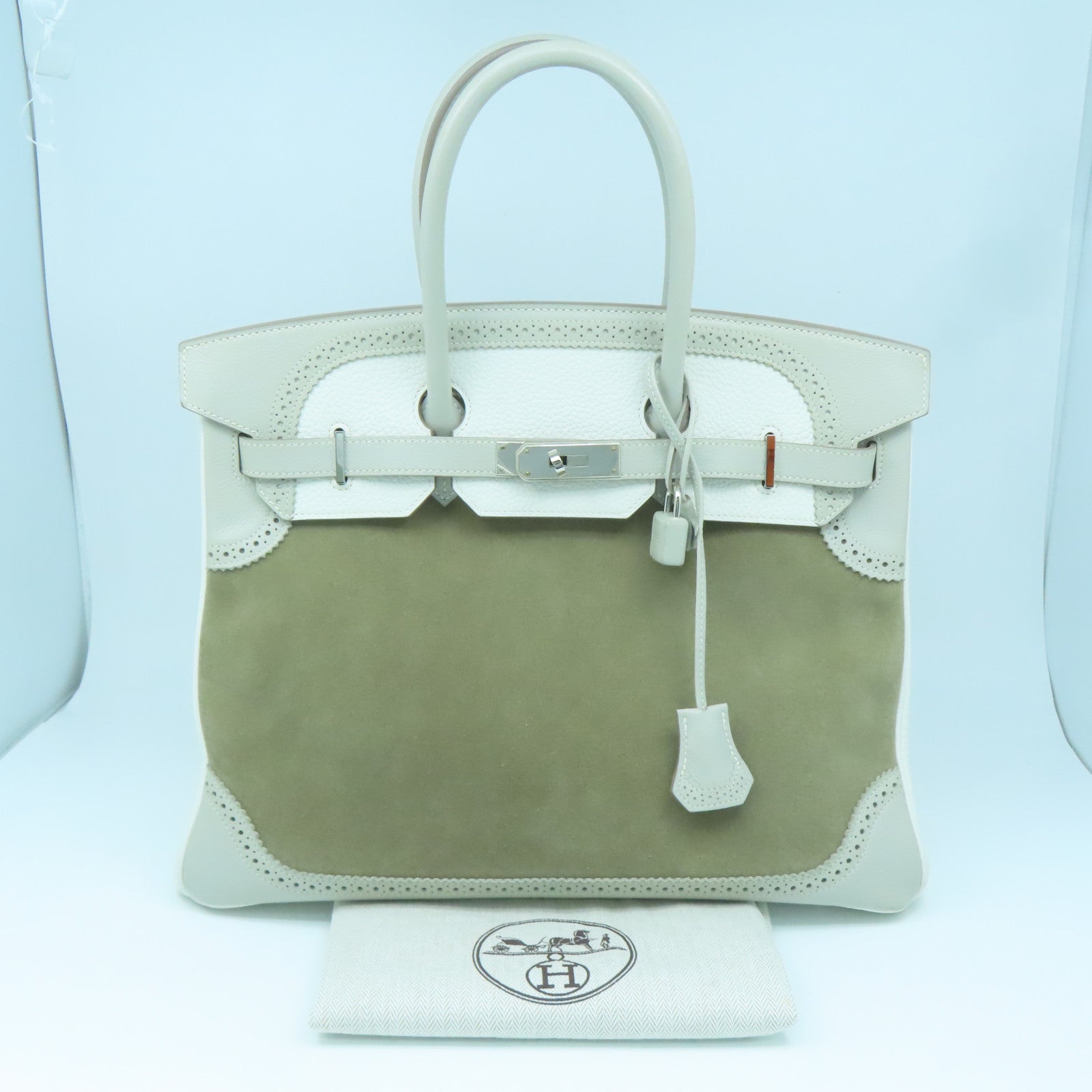 HERMES Clemence皮革/麂皮皮革Birkin 35 Ghillies銀扣手挽袋灰色
