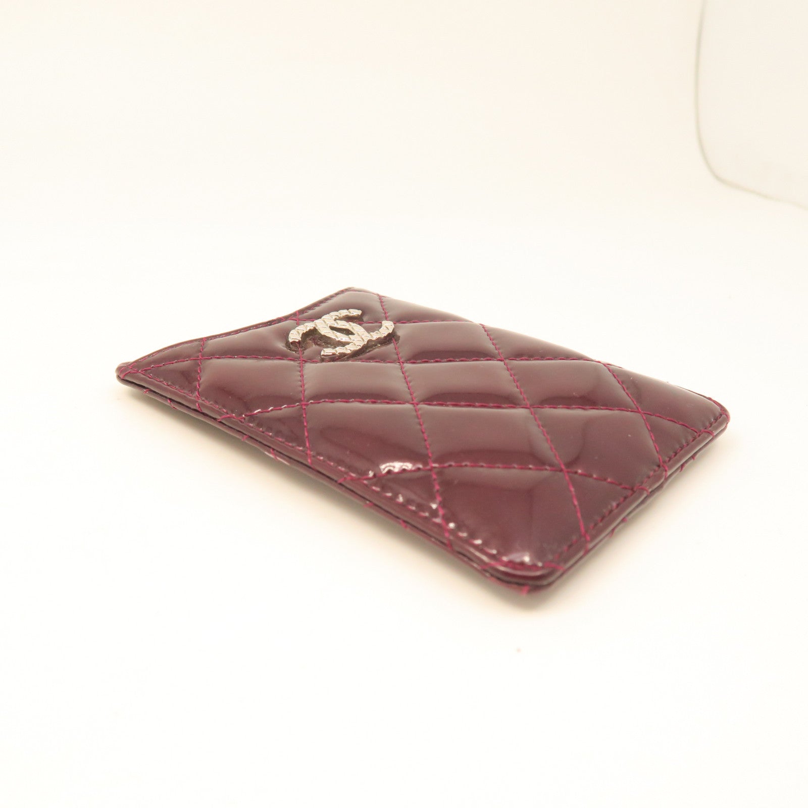CHANEL rhombus patent leather Card Case card holder maroon