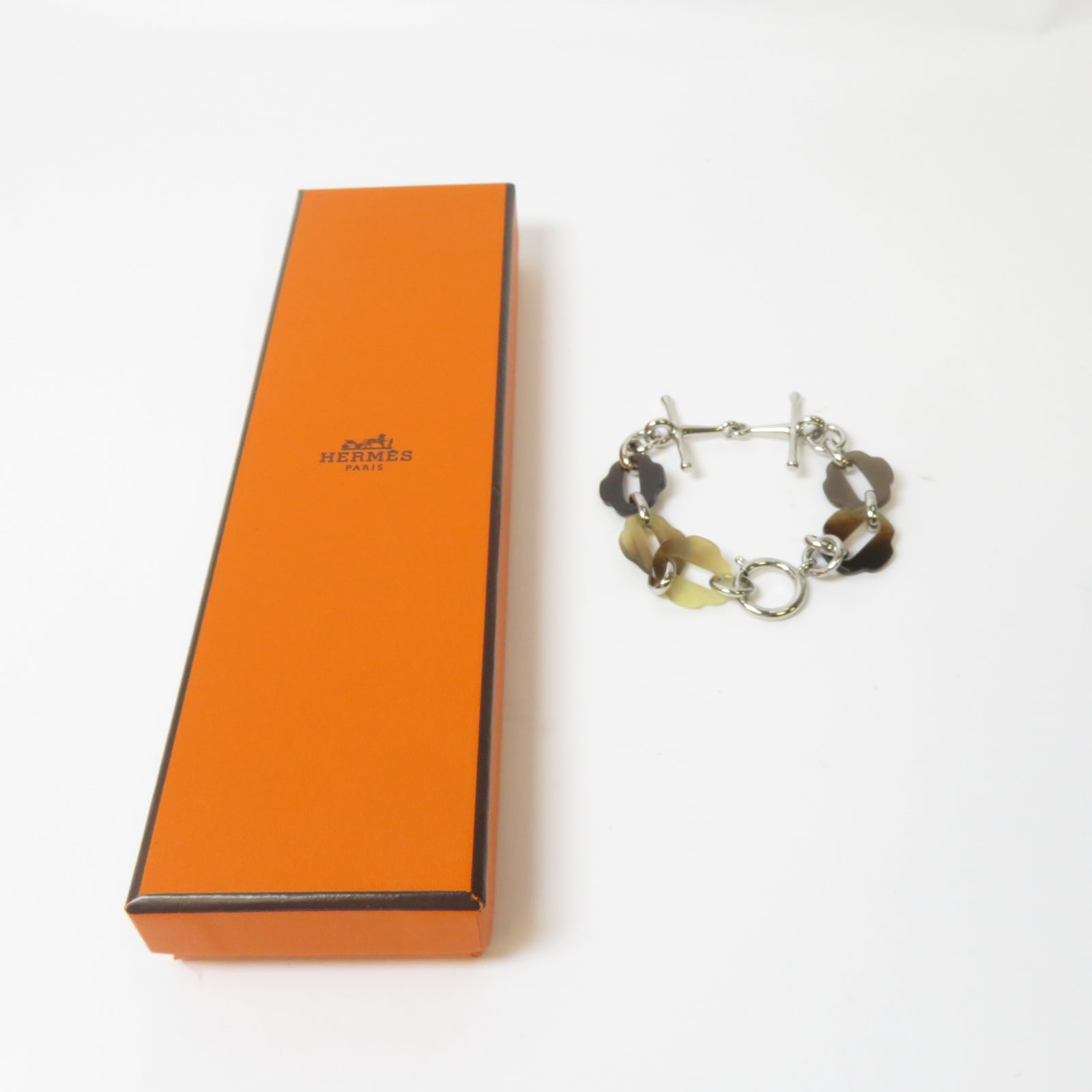 HERMES 水牛角/金屬Mousqueton Bracelet手鏈銀色/啡色