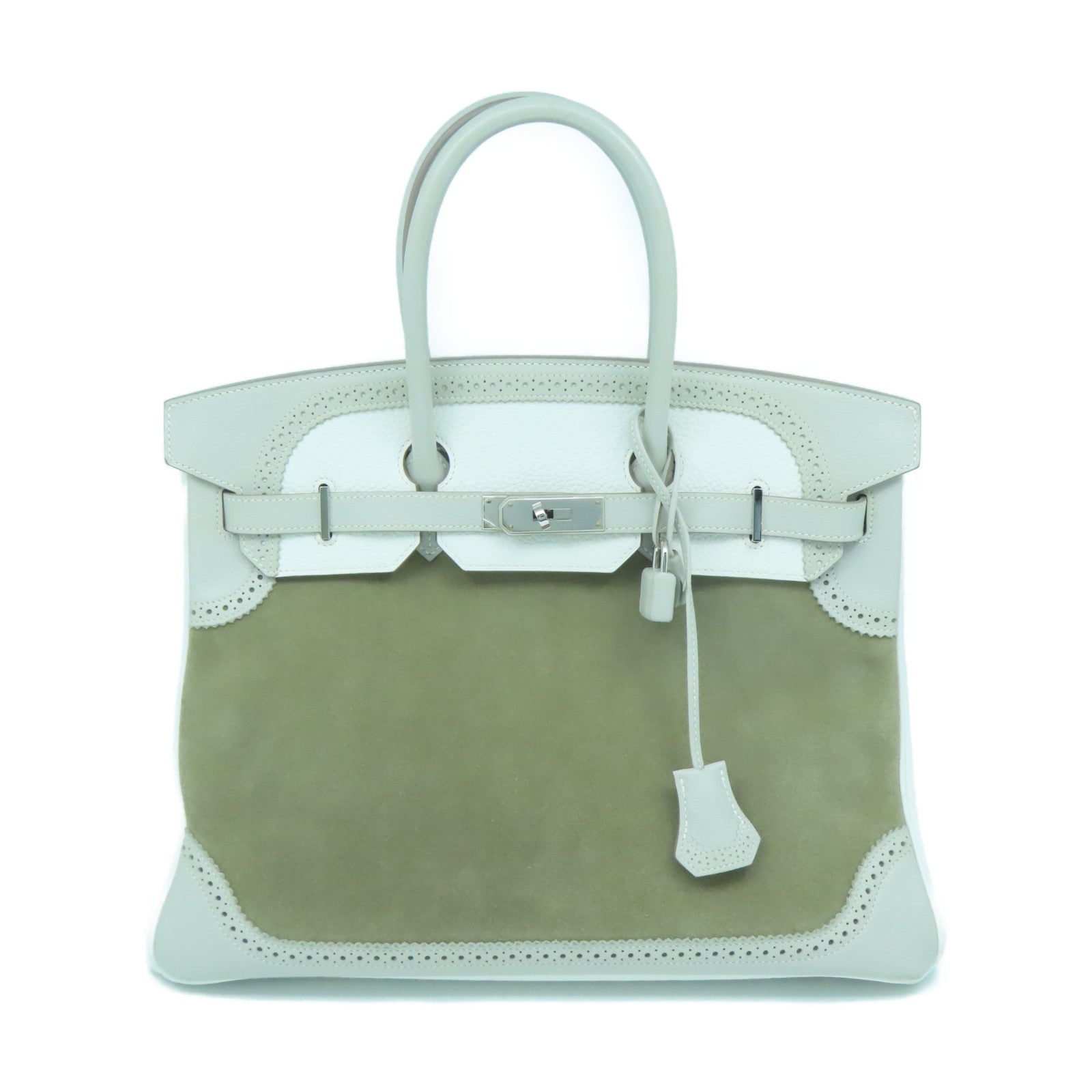 HERMES Clemence皮革/麂皮皮革Birkin 35 Ghillies銀扣手挽袋灰色