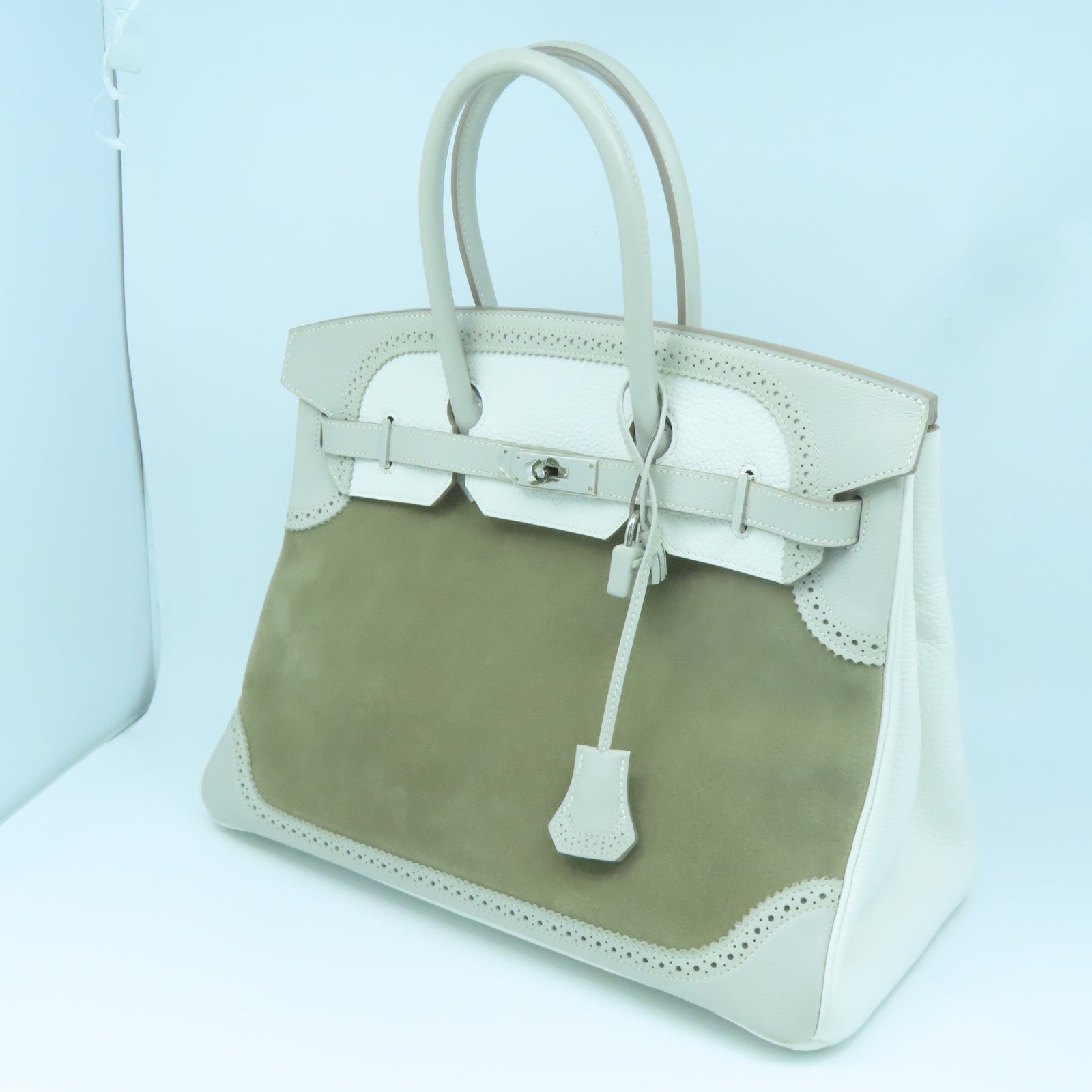 HERMES Clemence皮革/麂皮皮革Birkin 35 Ghillies銀扣手挽袋灰色