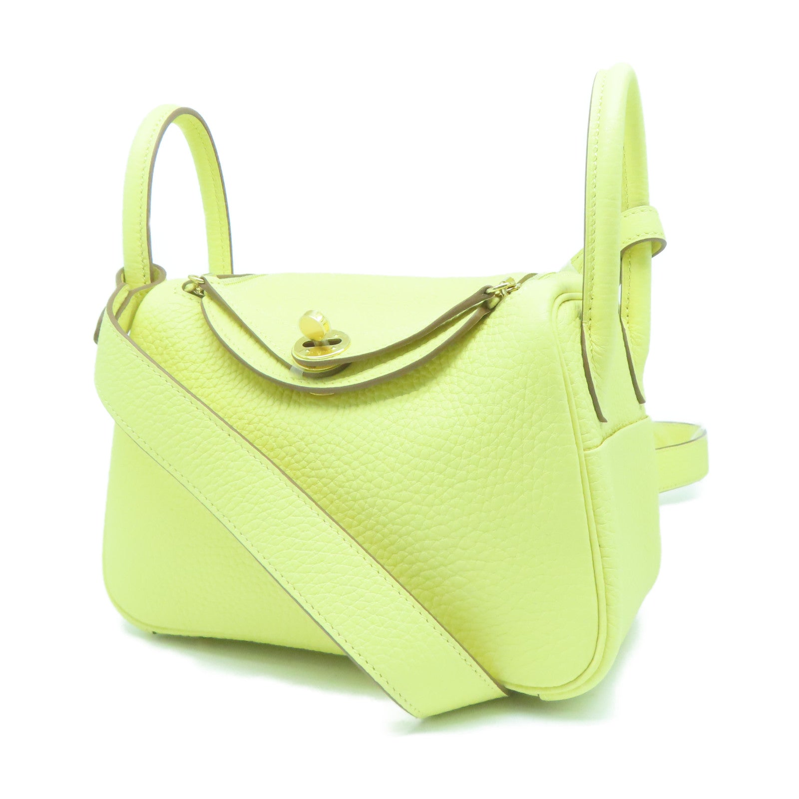 HERMES Clemence皮革Mini Lindy GHW金扣肩背袋小鸡黄嫩黄