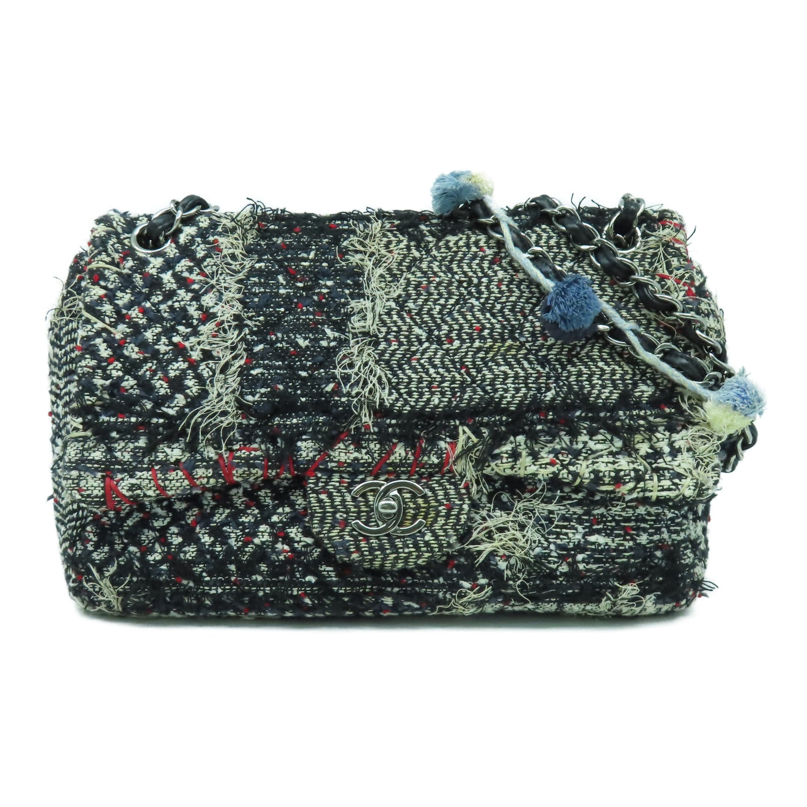 CHANEL Tweed斜紋軟呢Chain Shoulder Bag銀扣鏈帶肩背袋黑色/白色