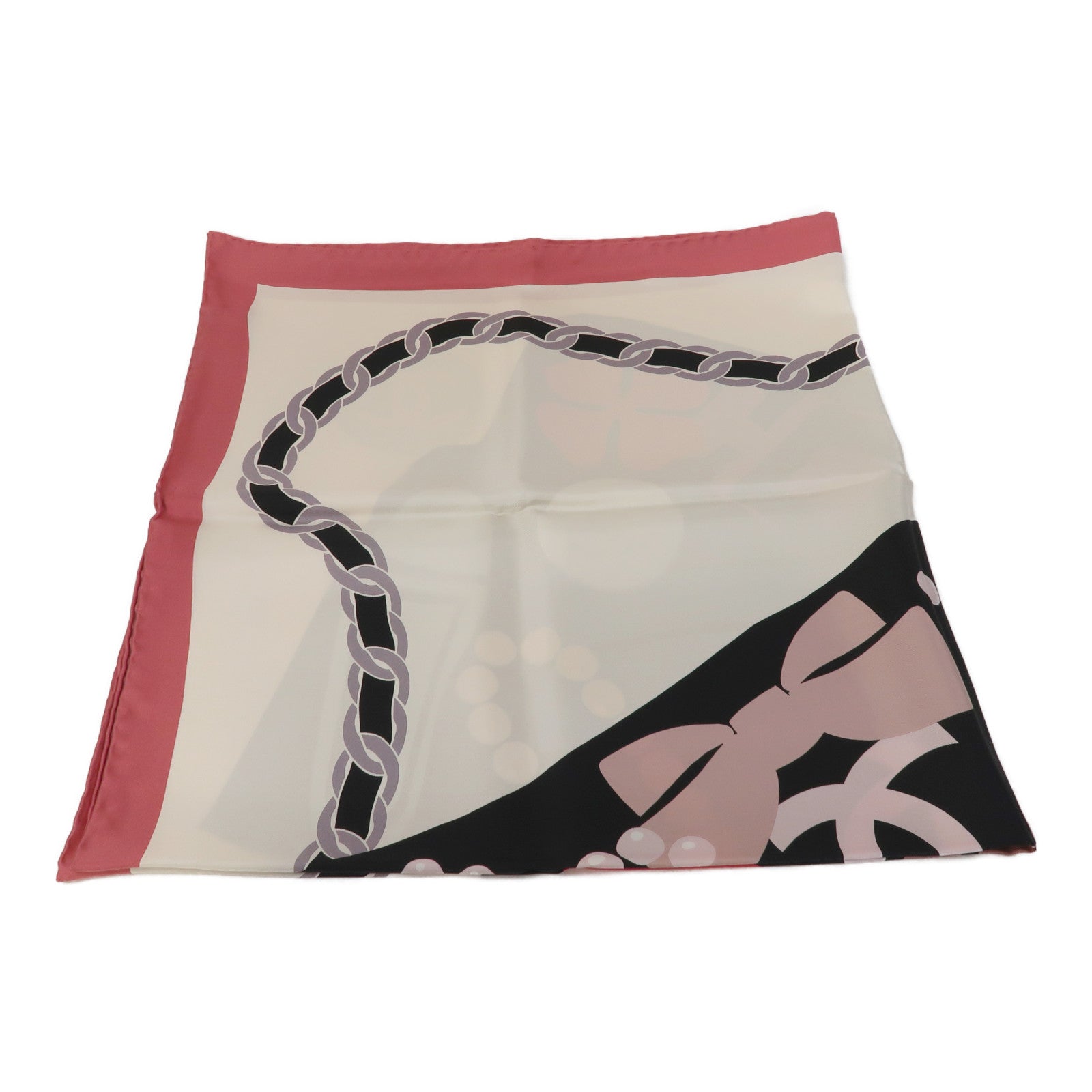 CHANEL 絲質Scarf 90x90cm絲巾粉紅色/白色/黑色