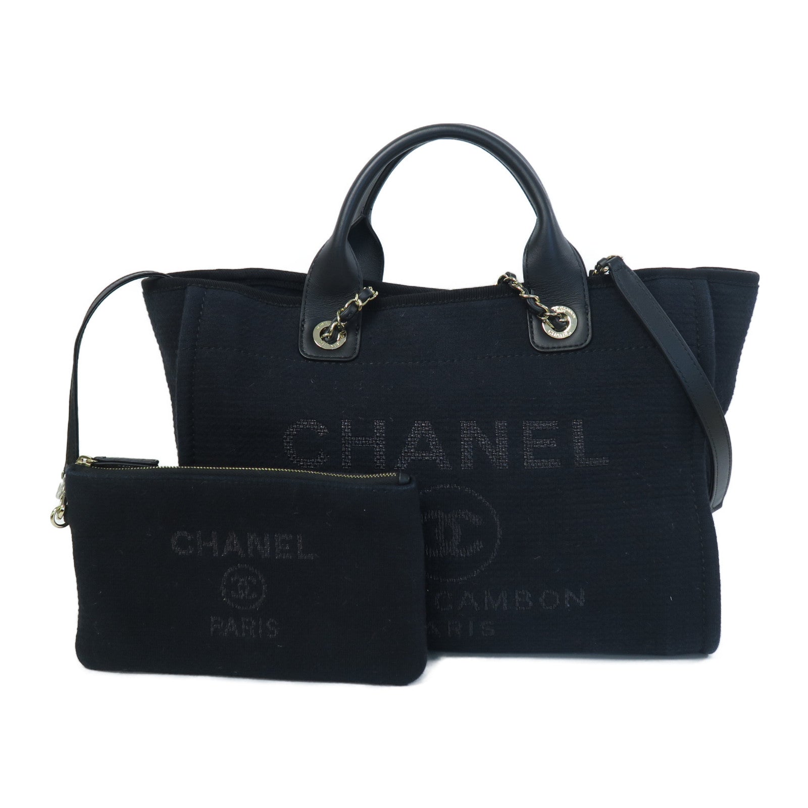 CHANEL 帆布/皮革2 Way Shoulder銀扣手挽肩背兩用袋黑色