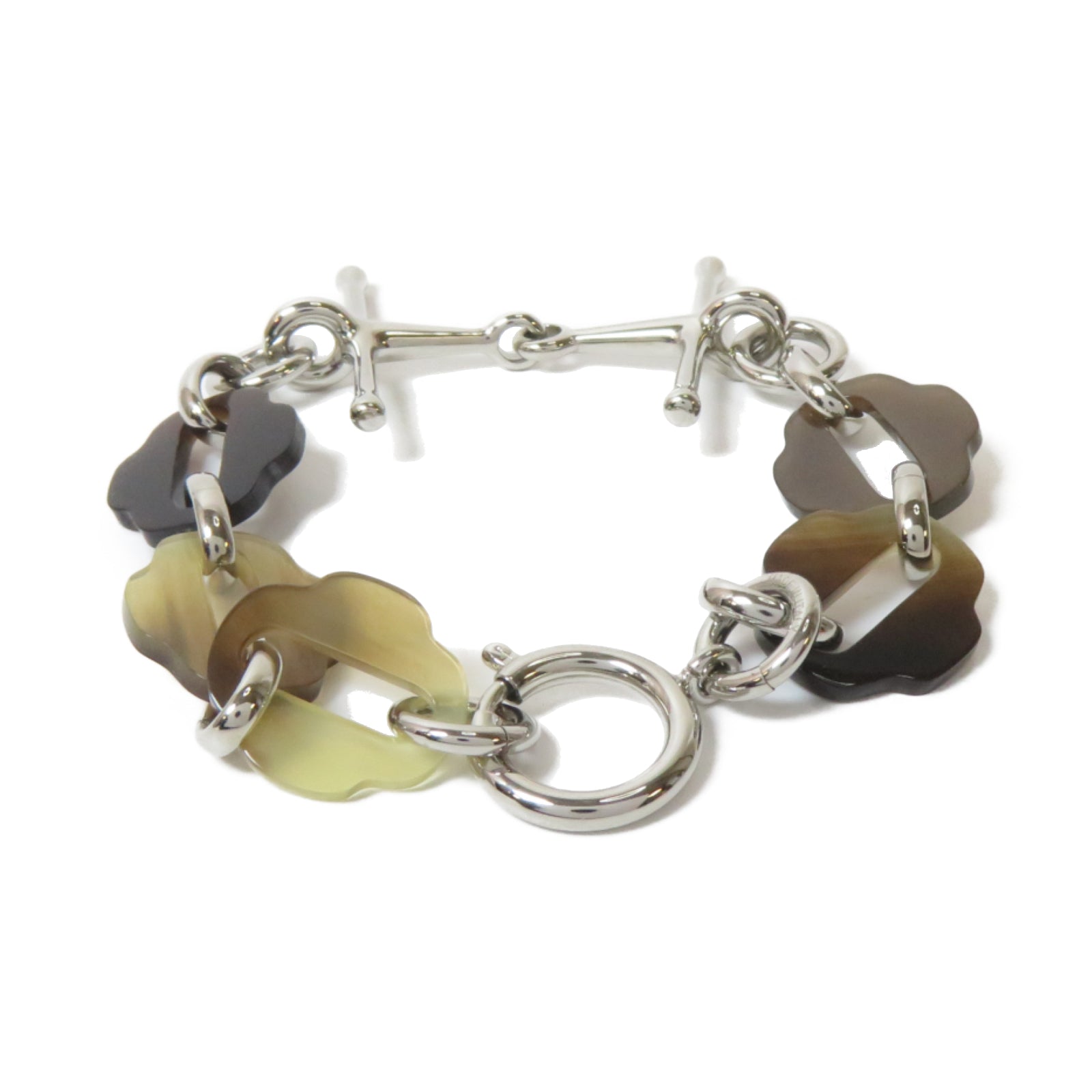 HERMES 水牛角/金屬Mousqueton Bracelet手鏈銀色/啡色