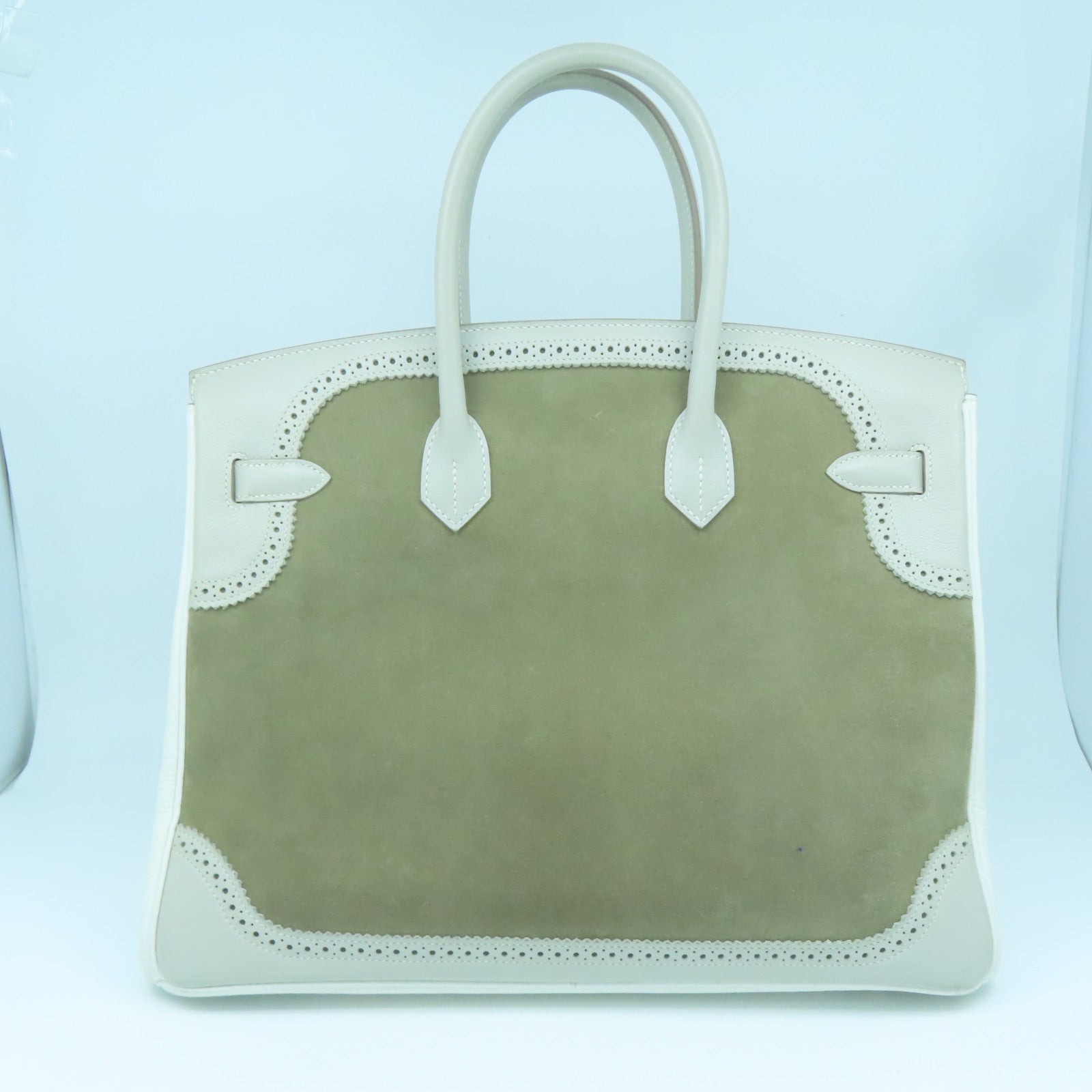 HERMES Clemence皮革/麂皮皮革Birkin 35 Ghillies銀扣手挽袋灰色