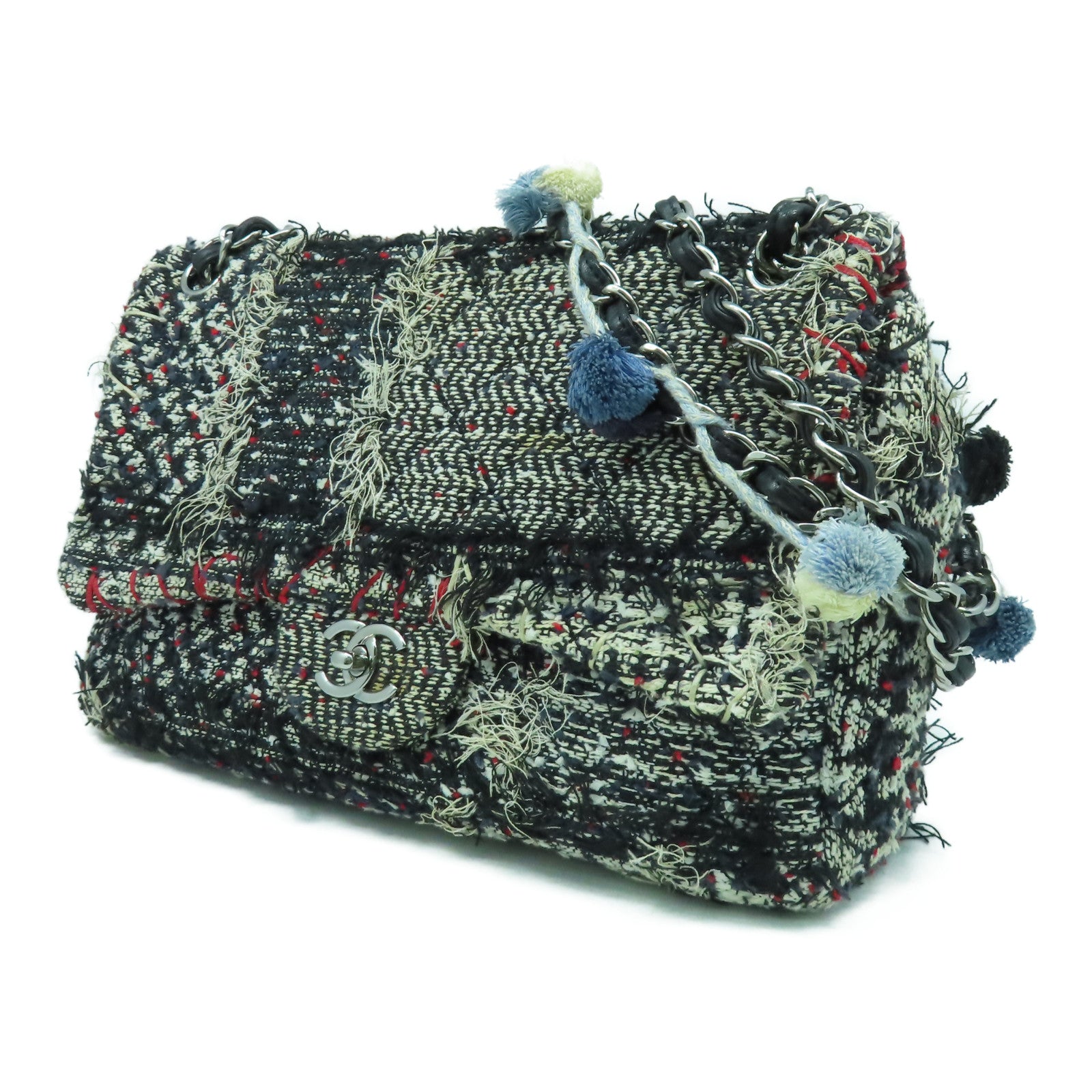CHANEL Tweed斜紋軟呢Chain Shoulder Bag銀扣鏈帶肩背袋黑色/白色