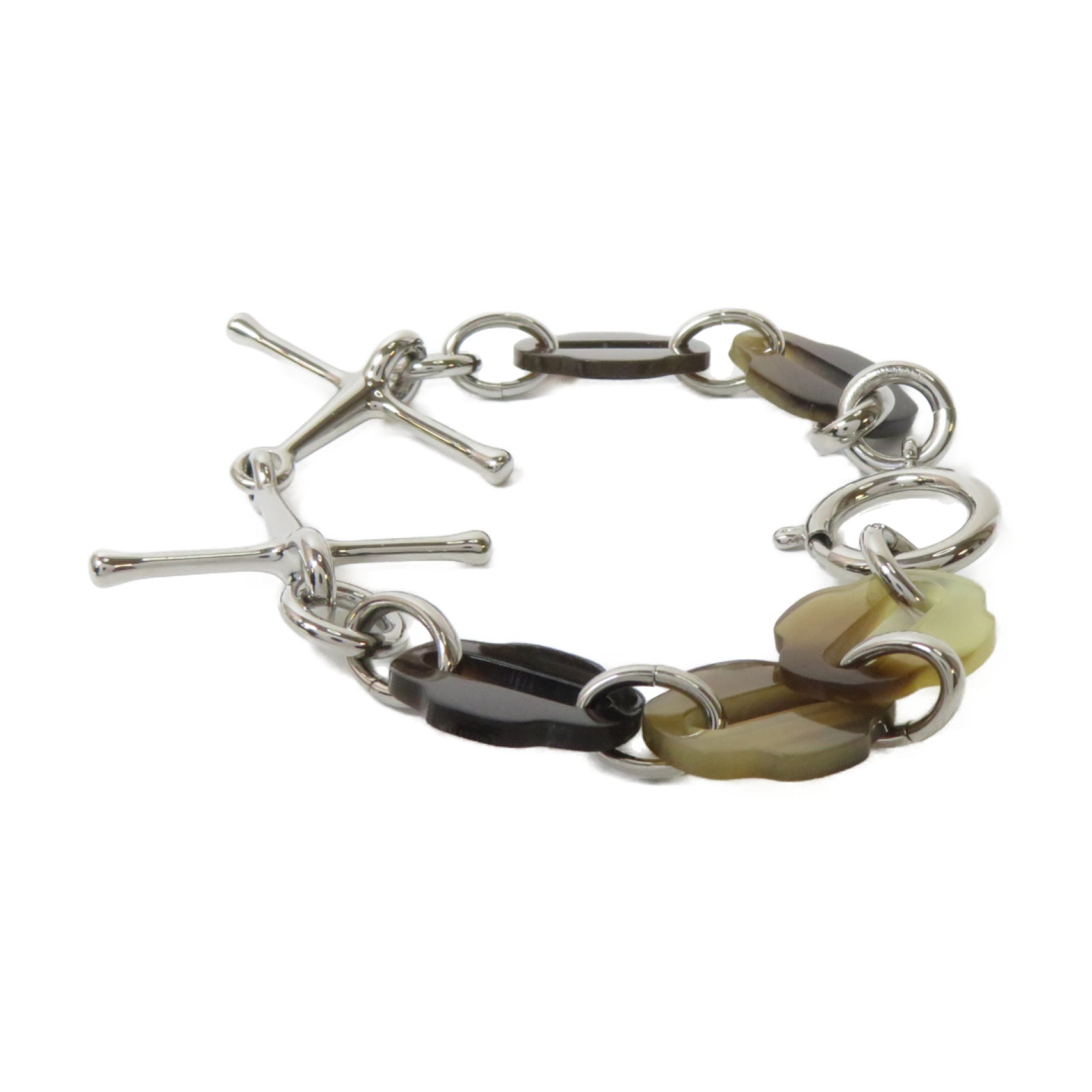 HERMES 水牛角/金屬Mousqueton Bracelet手鏈銀色/啡色