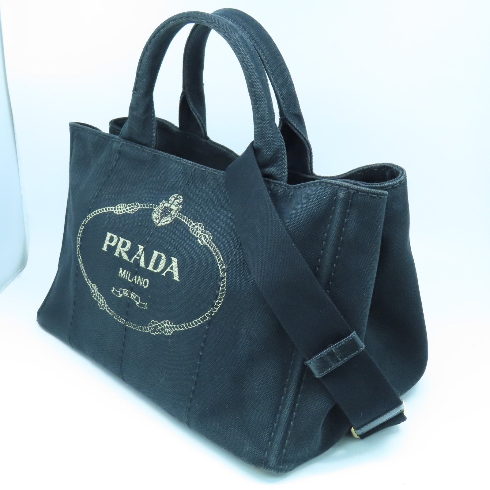 PRADA Canvas 2way Shoulder Bag Gold Buckle Handle Shoulder Bag Black