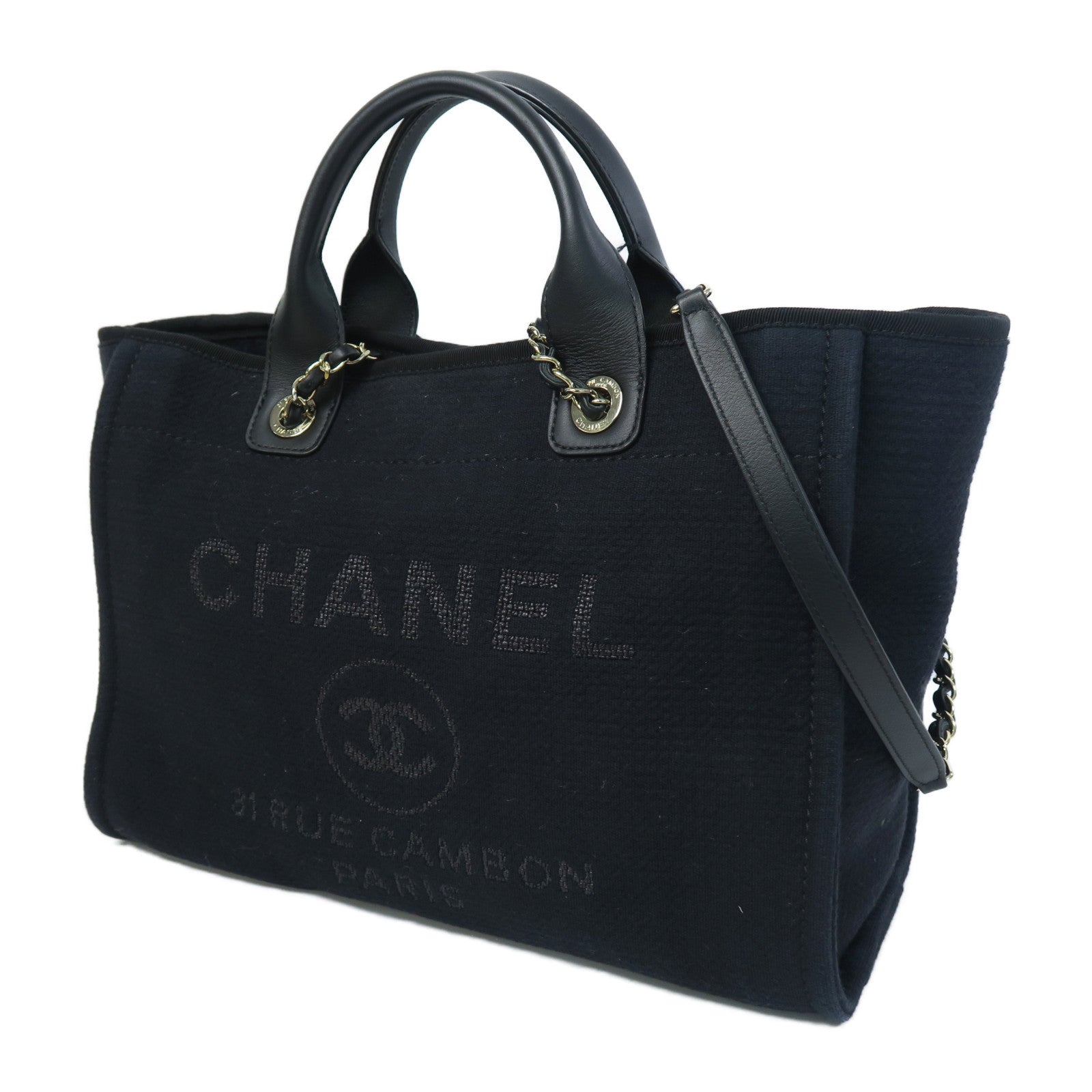 CHANEL 帆布/皮革2 Way Shoulder銀扣手挽肩背兩用袋黑色
