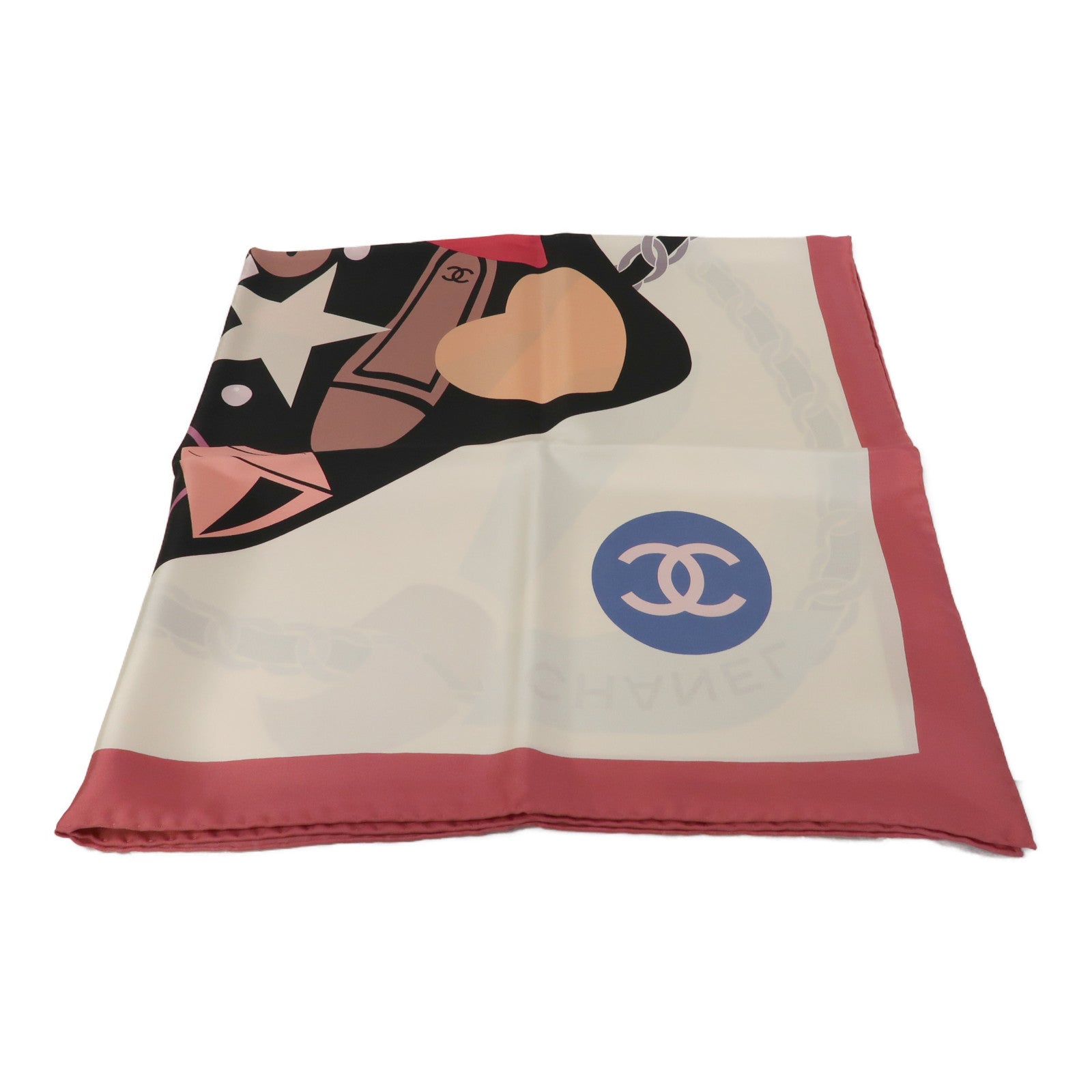 CHANEL 絲質Scarf 90x90cm絲巾粉紅色/白色/黑色