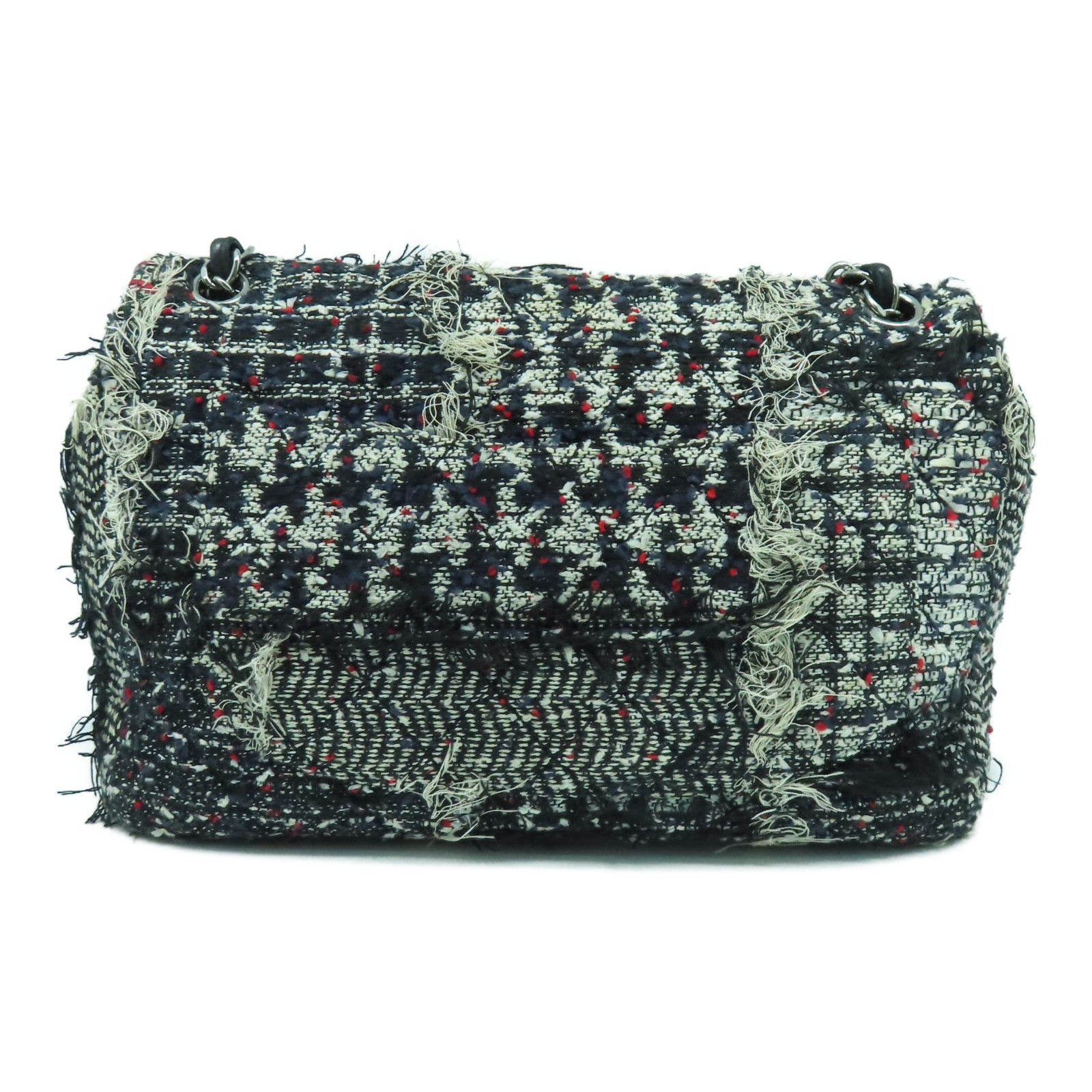 CHANEL Tweed斜紋軟呢Chain Shoulder Bag銀扣鏈帶肩背袋黑色/白色