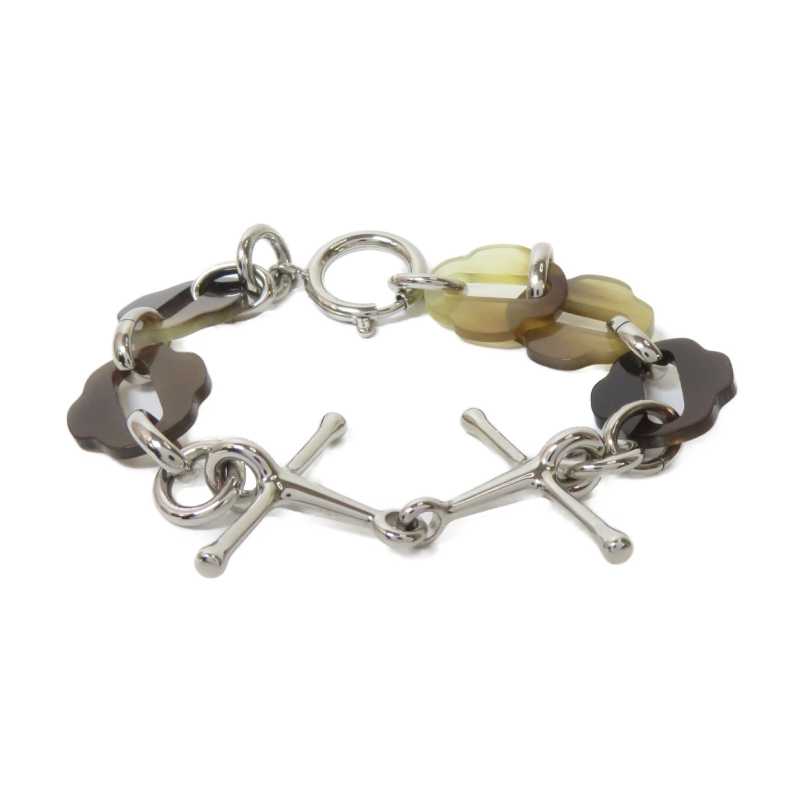 HERMES 水牛角/金屬Mousqueton Bracelet手鏈銀色/啡色