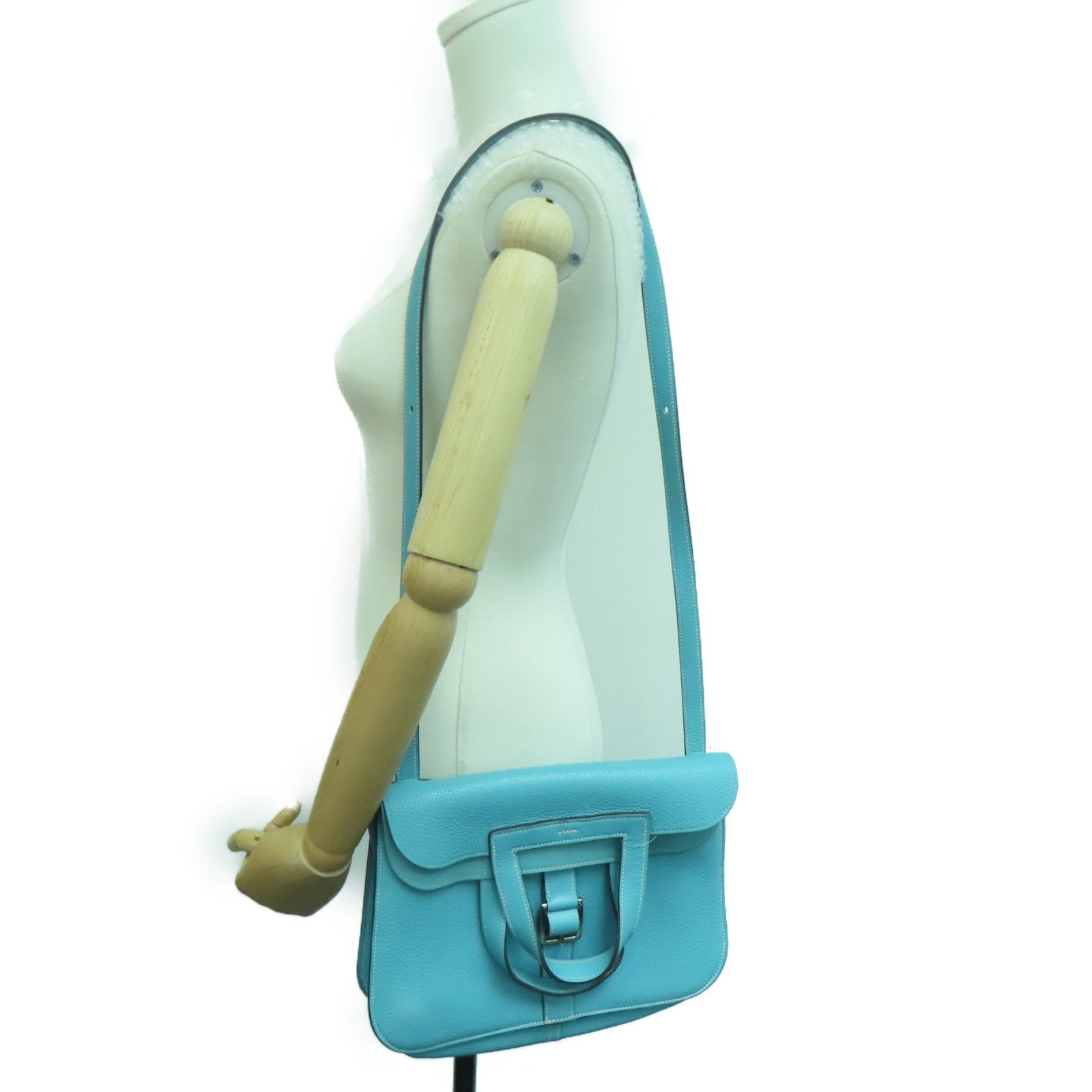 HERMES [Sharp Discount] Clemence Leather Halzan 31 Silver Buckle Handle Shoulder Back Dual-purpose Bag Blue Atoll/Blue