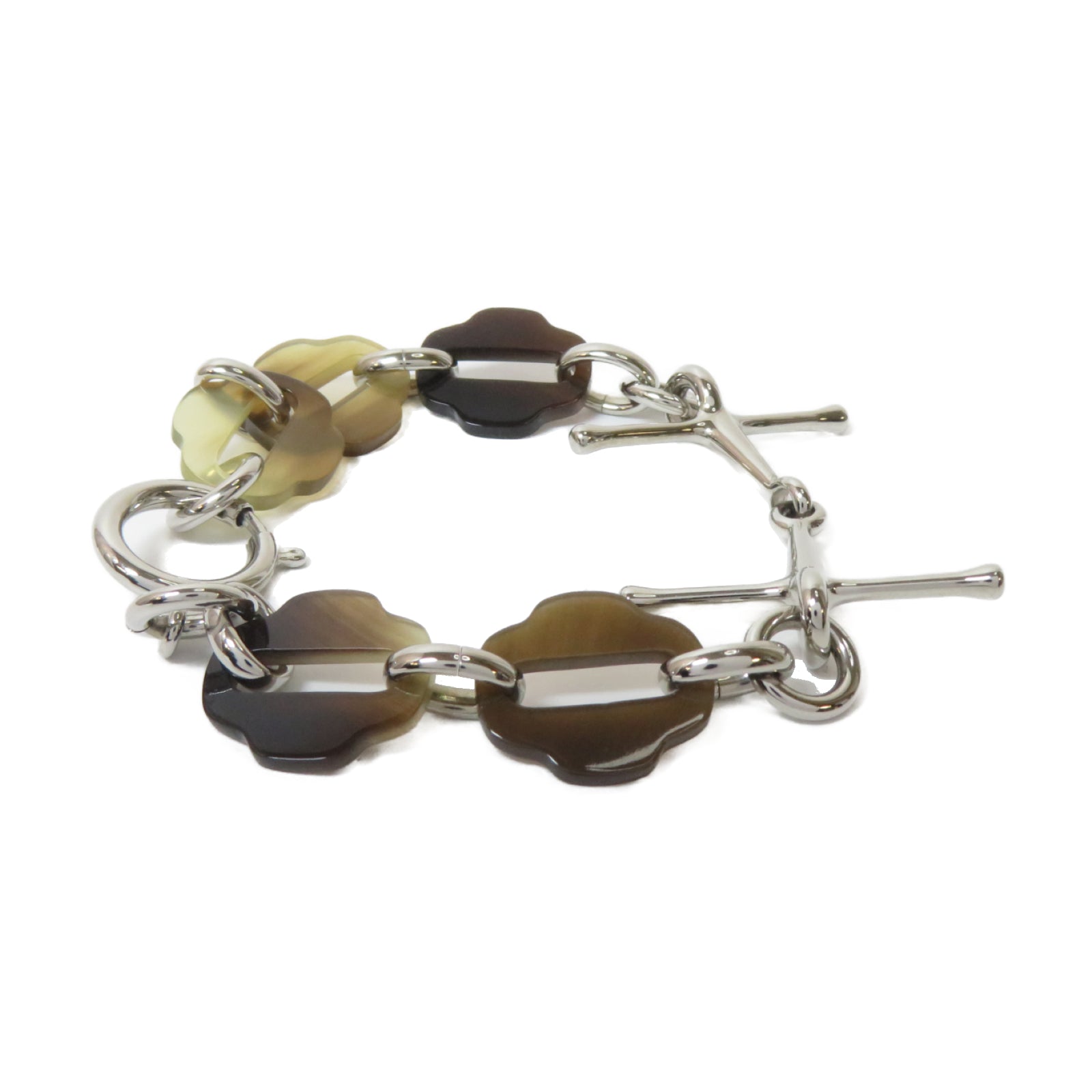 HERMES 水牛角/金屬Mousqueton Bracelet手鏈銀色/啡色
