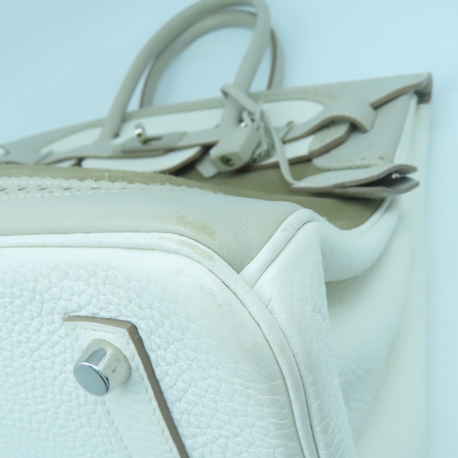 HERMES Clemence皮革/麂皮皮革Birkin 35 Ghillies銀扣手挽袋灰色