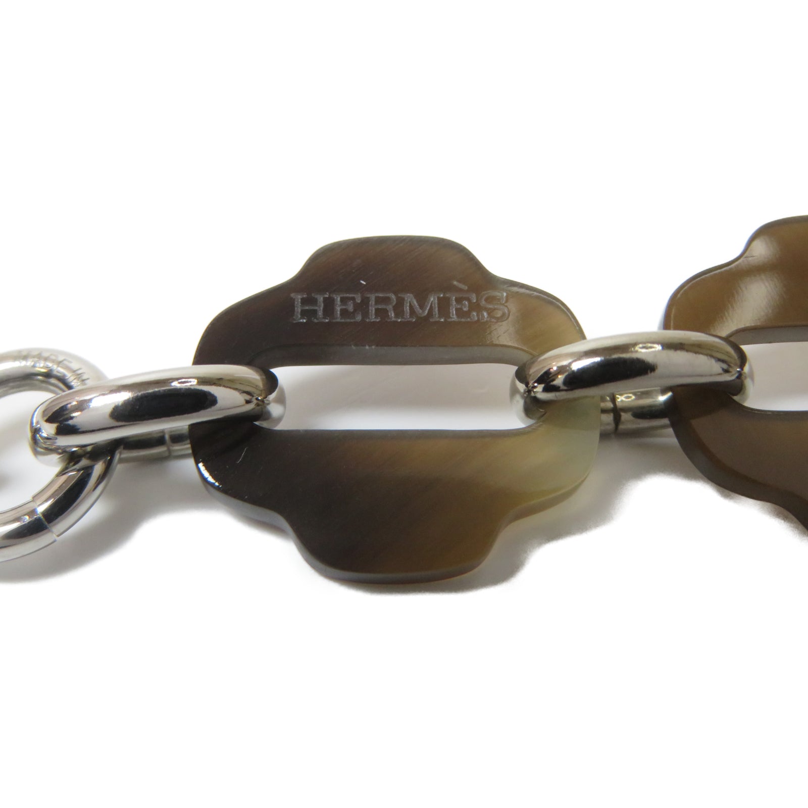 HERMES 水牛角/金屬Mousqueton Bracelet手鏈銀色/啡色