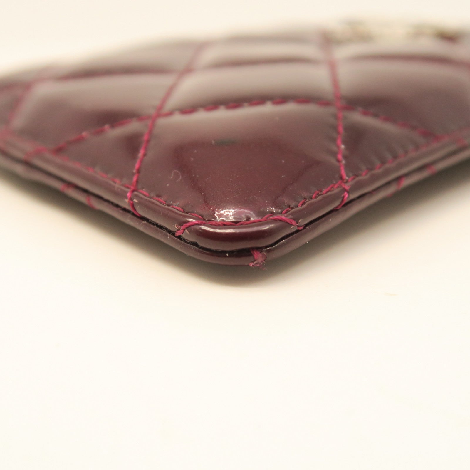 CHANEL rhombus patent leather Card Case card holder maroon