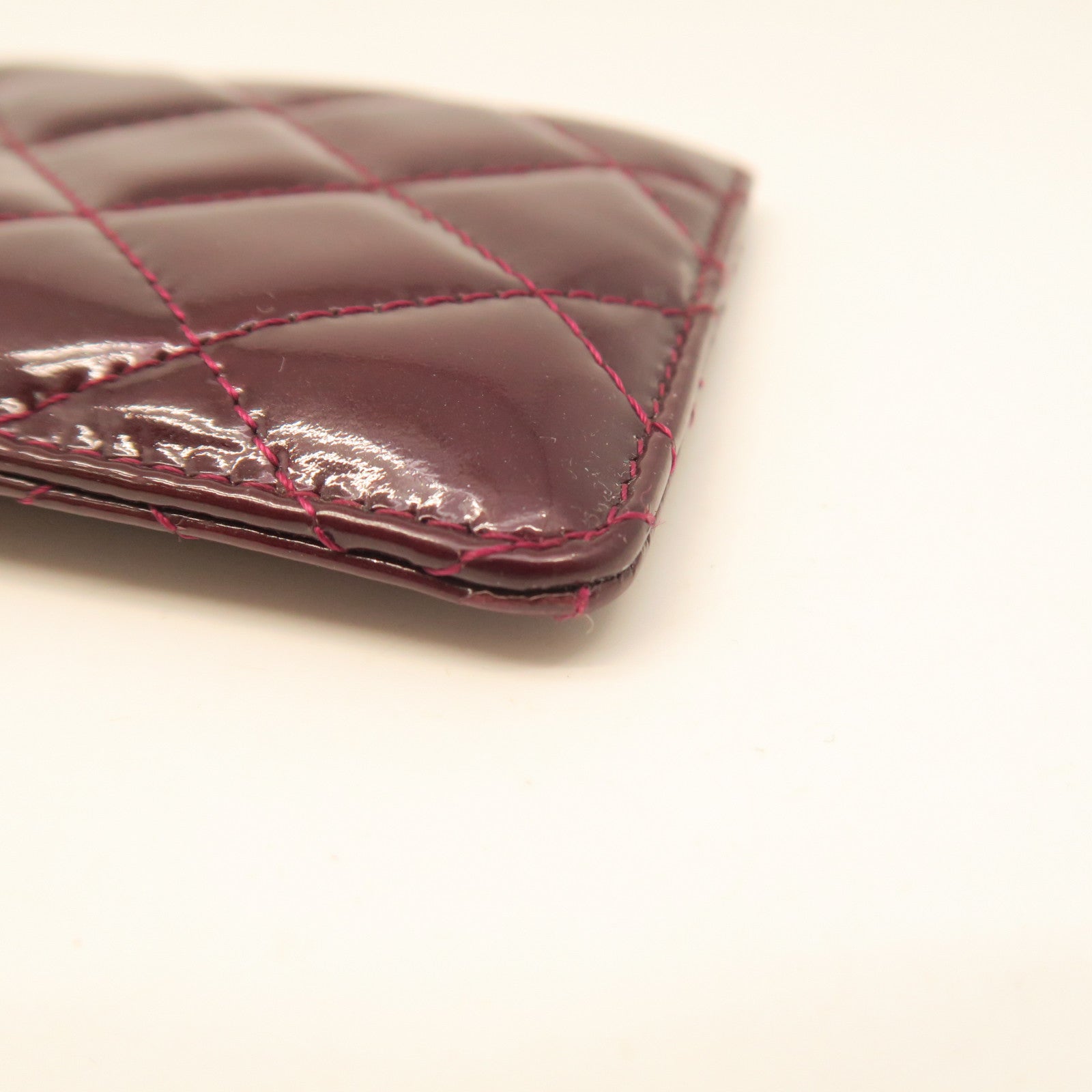 CHANEL rhombus patent leather Card Case card holder maroon