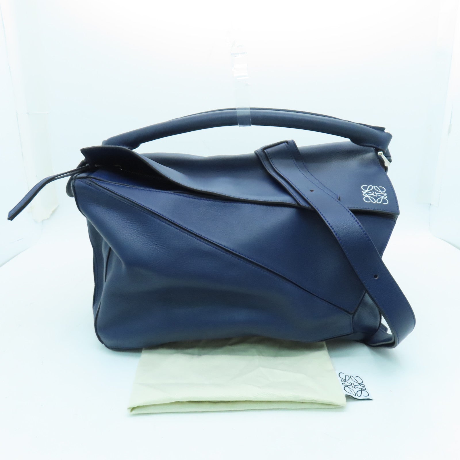 LOEWE Cowhide Leather Puzzle Large Silver Buckle Handle Shoulder Backpack Dark Blue