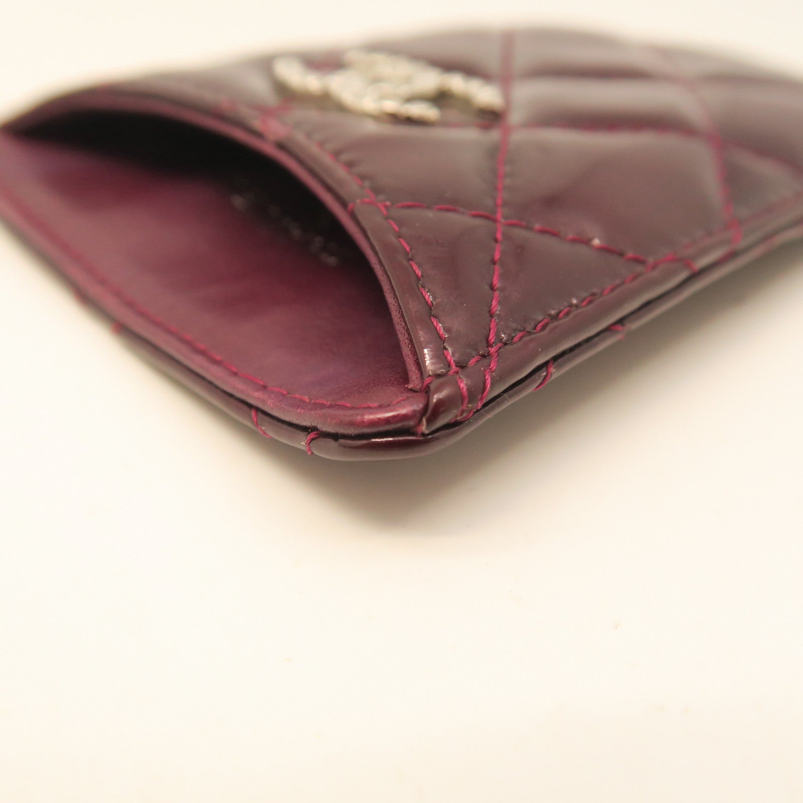 CHANEL rhombus patent leather Card Case card holder maroon