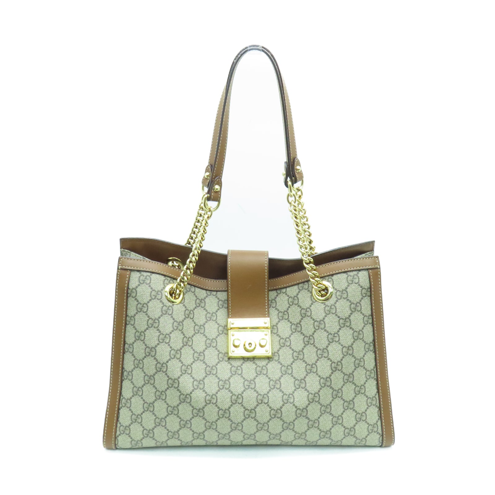 GUCCI PVC涂层帆布Chain Shoulder金扣链带肩背袋棕色