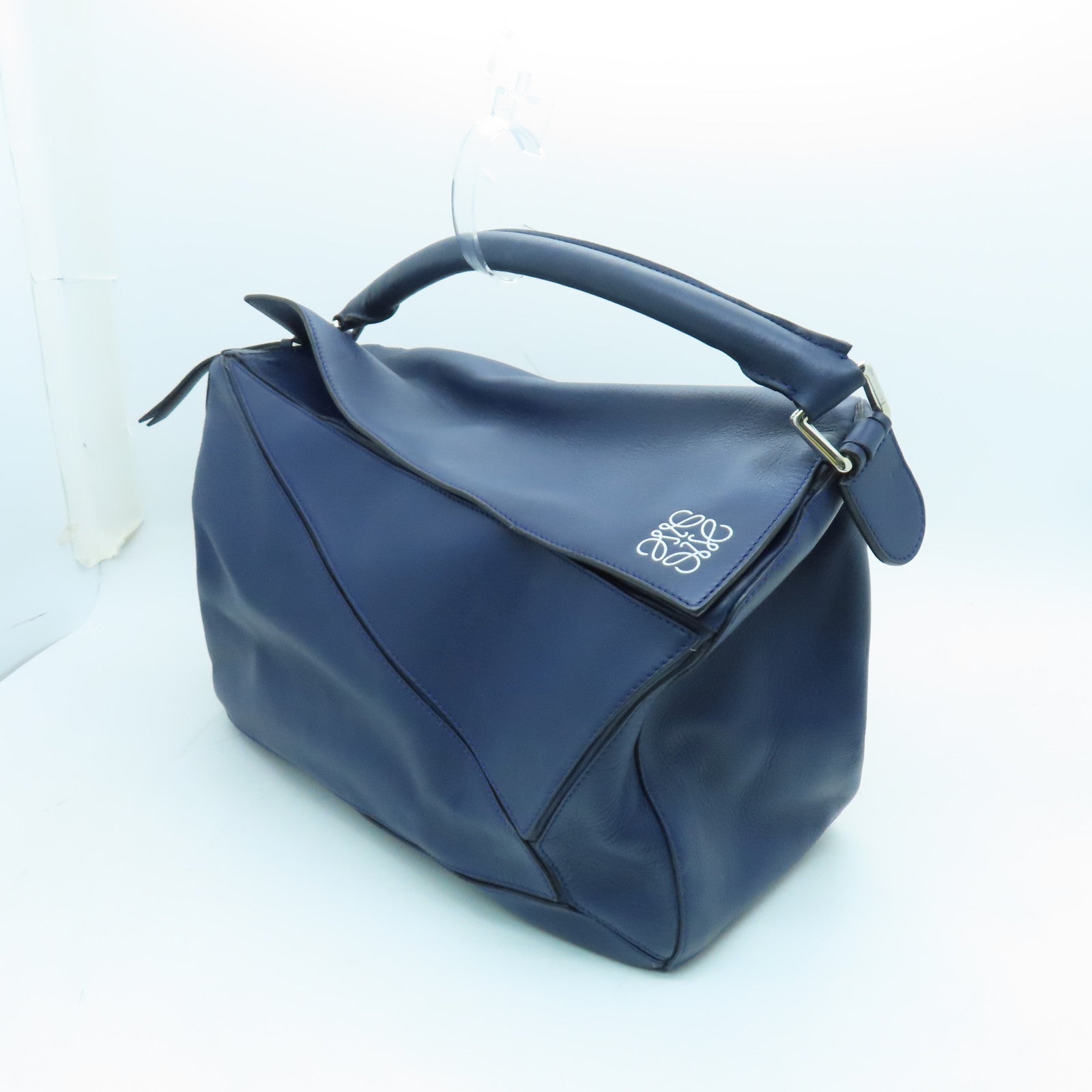 LOEWE Cowhide Leather Puzzle Large Silver Buckle Handle Shoulder Backpack Dark Blue