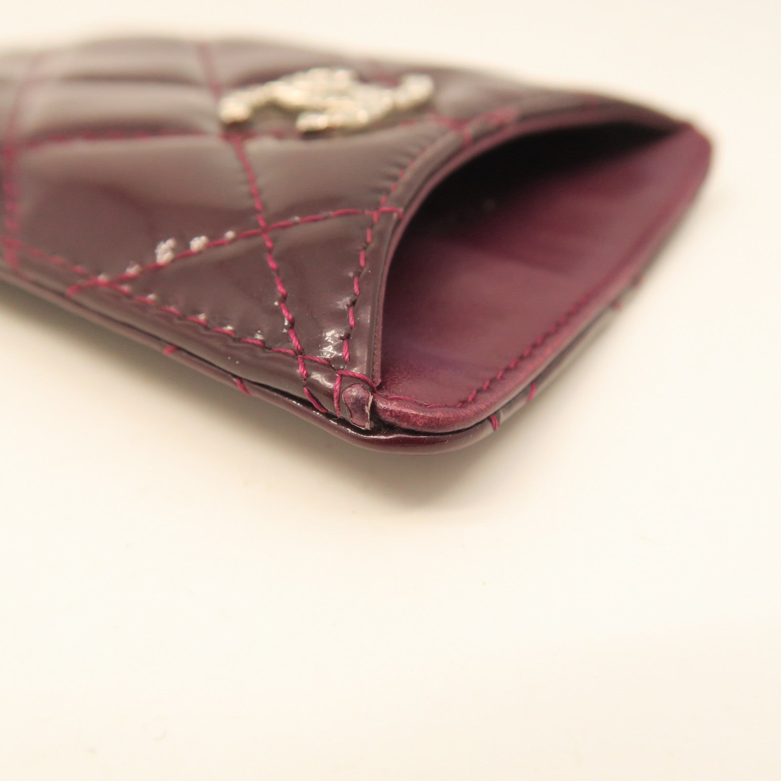 CHANEL rhombus patent leather Card Case card holder maroon