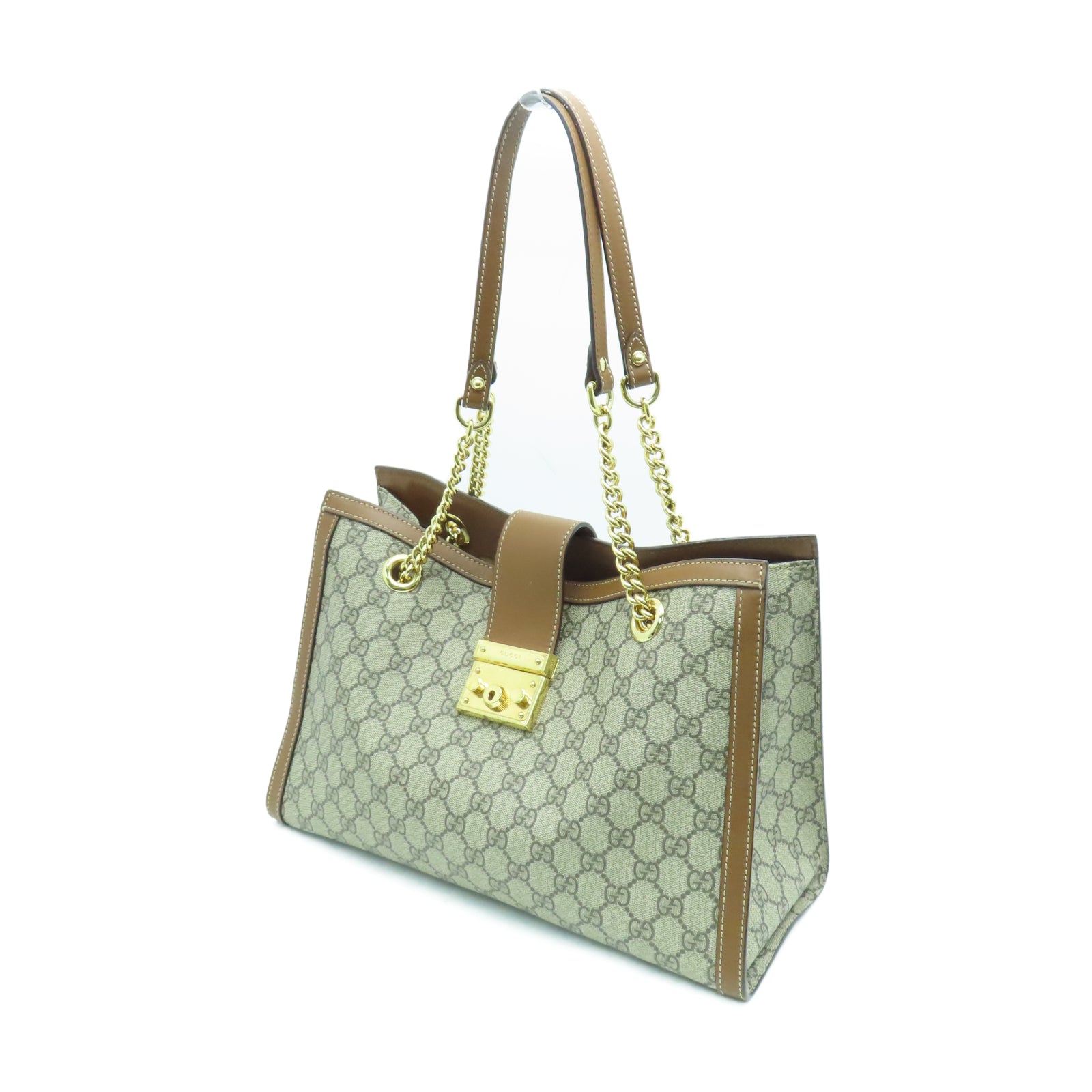 GUCCI PVC涂层帆布Chain Shoulder金扣链带肩背袋棕色