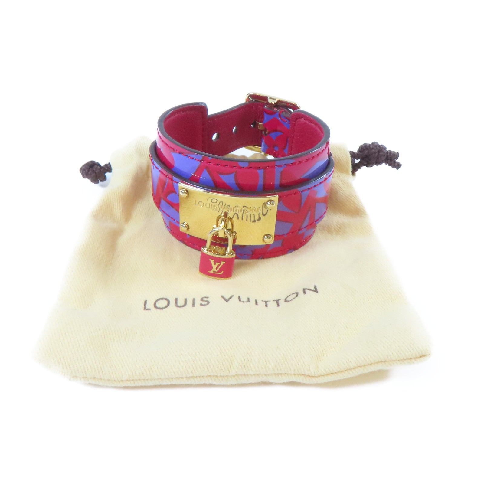 LOUIS VUITTON 漆皮皮革Bangle金扣手鐲桃紅色/紫色#16cm