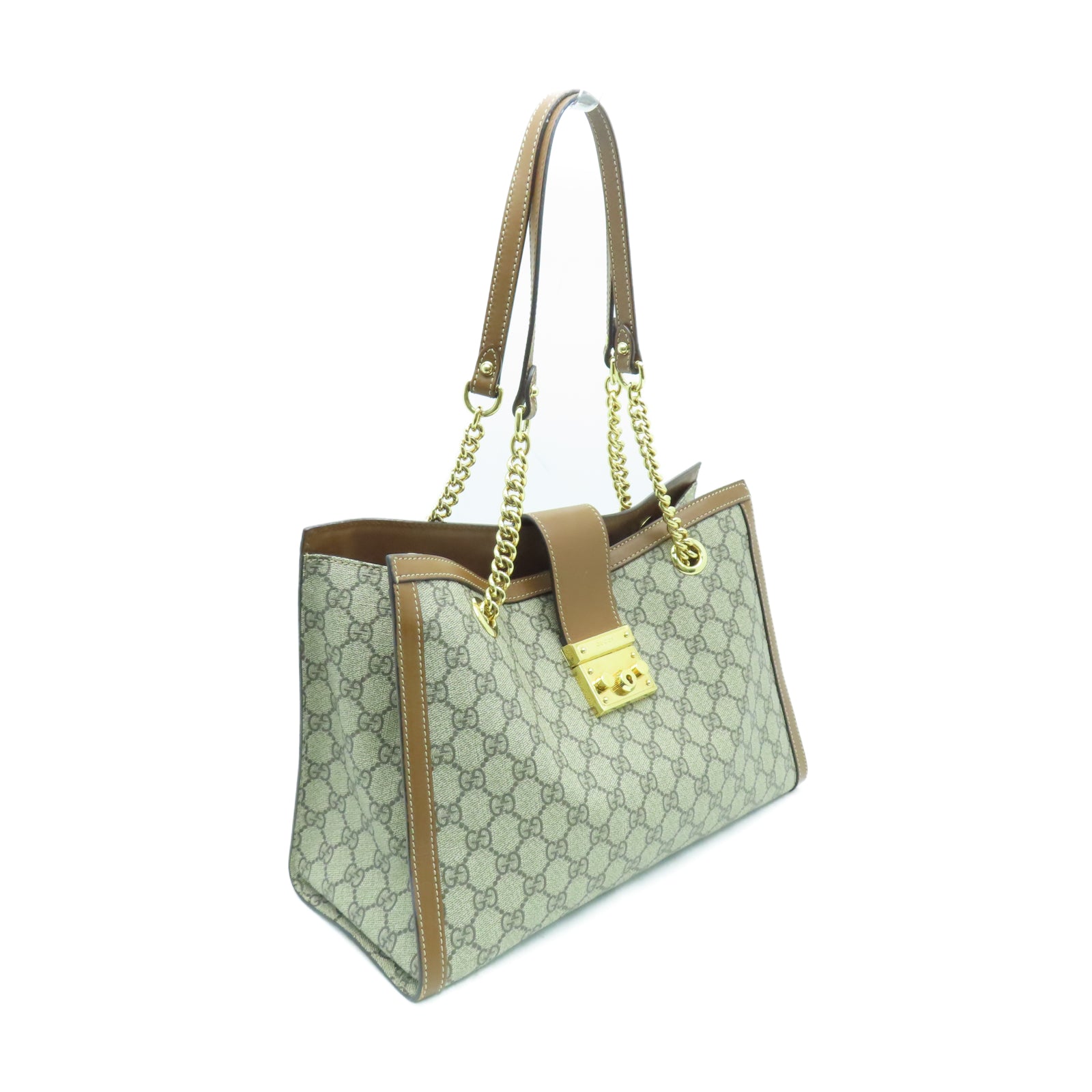 GUCCI PVC涂层帆布Chain Shoulder金扣链带肩背袋棕色